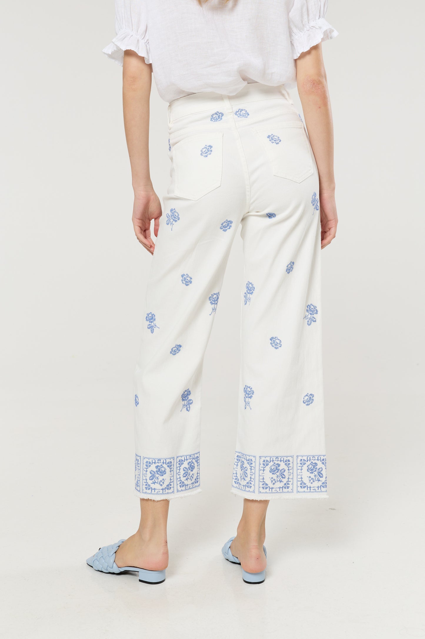 
                  
                    White Floral Embroidered Wide Leg Jeans
                  
                