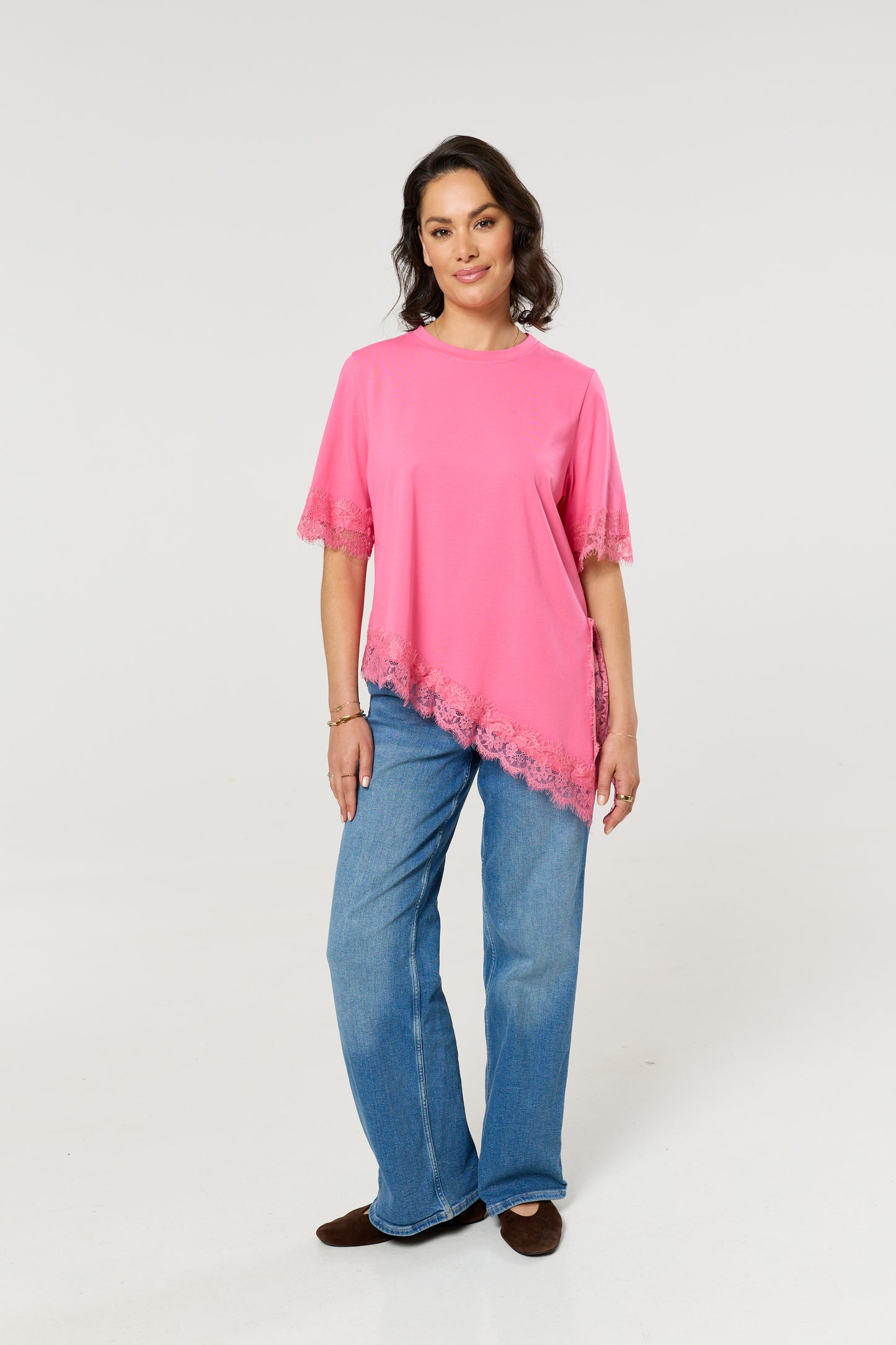 
                  
                    Pink Asymmetric Lace Trim Cotton T-Shirt
                  
                