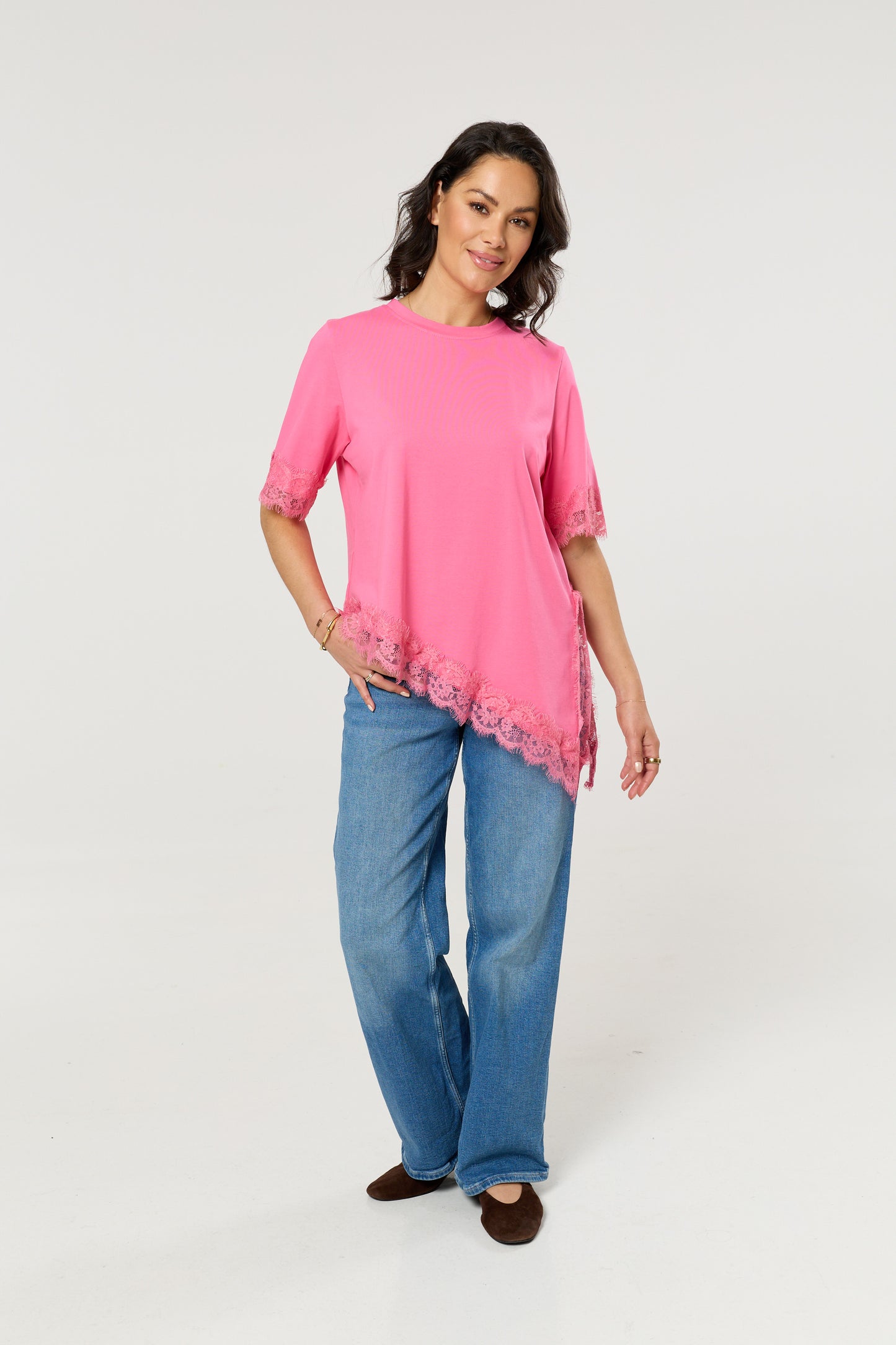 
                  
                    Pink Asymmetric Lace Trim Cotton T-Shirt
                  
                