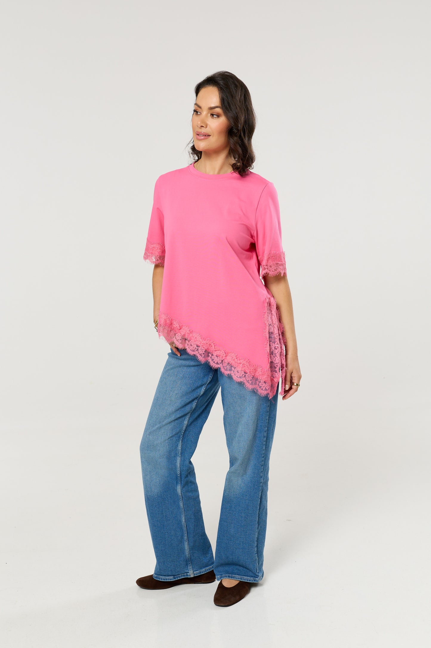 
                  
                    Pink Asymmetric Lace Trim Cotton T-Shirt
                  
                