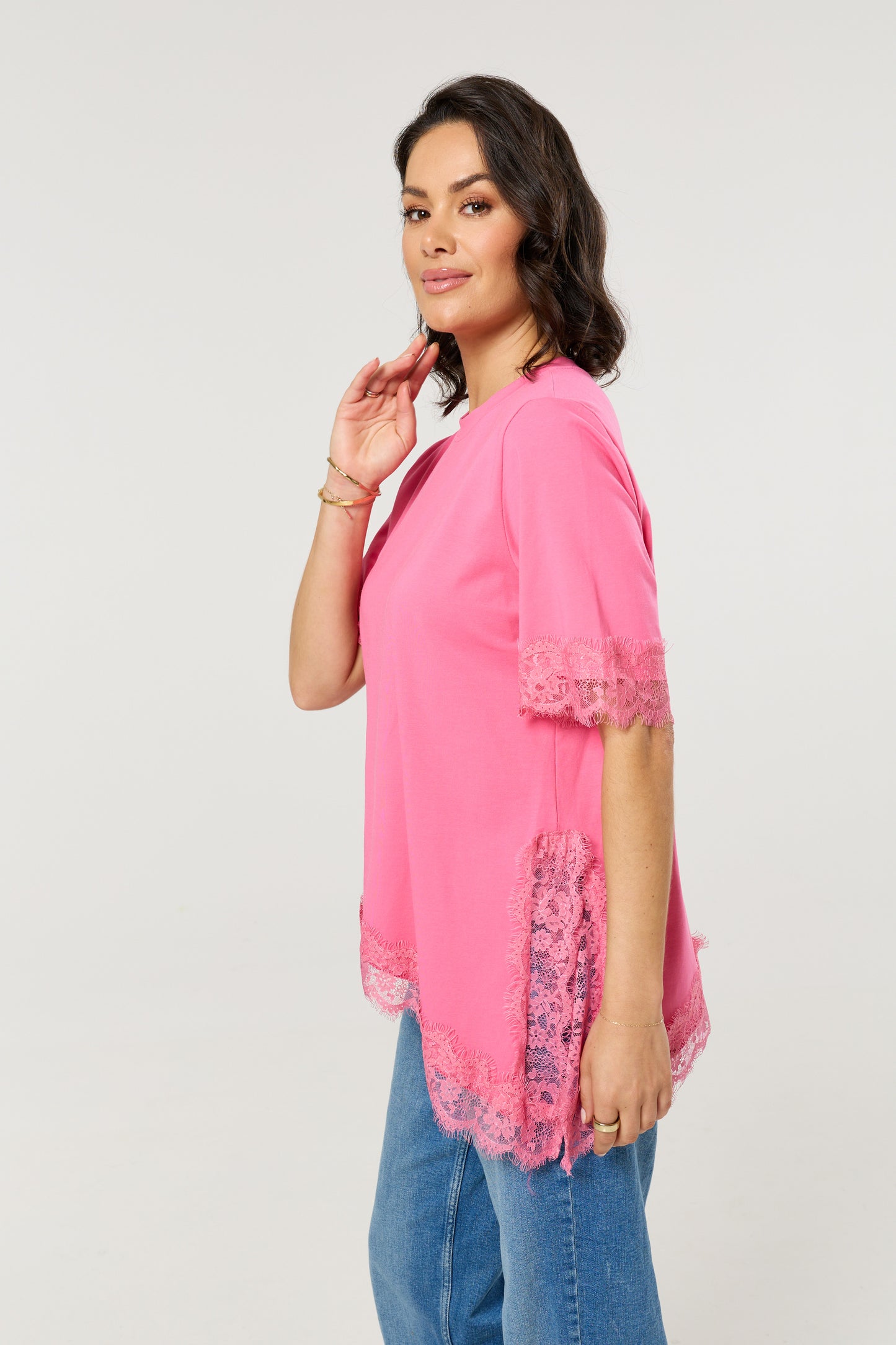 
                  
                    Pink Asymmetric Lace Trim Cotton T-Shirt
                  
                