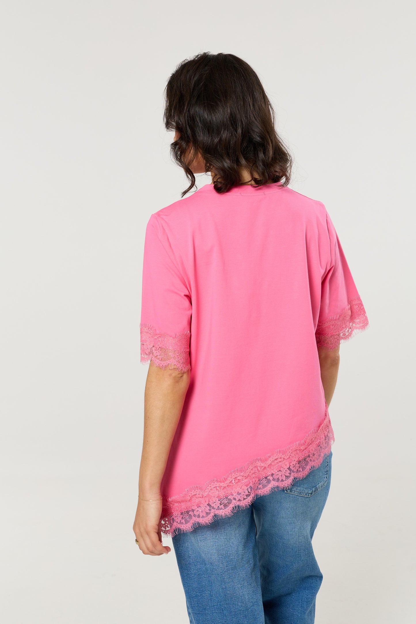 
                  
                    Pink Asymmetric Lace Trim Cotton T-Shirt
                  
                