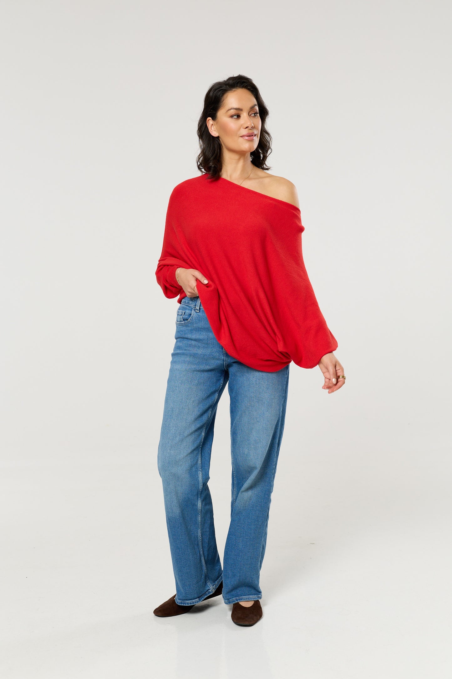 
                  
                    Red Wool Blend Off Shoulder Batwing Knit Jumper
                  
                