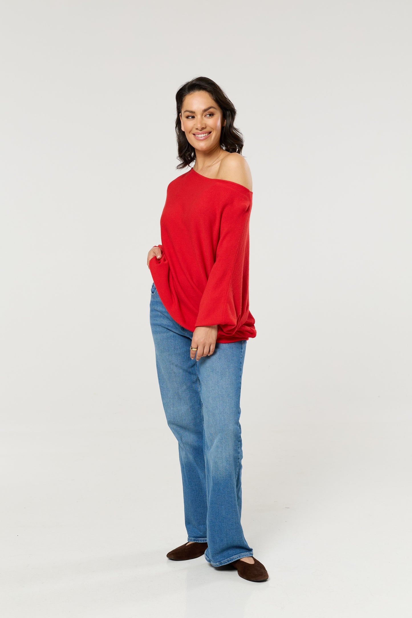 
                  
                    Red Wool Blend Off Shoulder Batwing Knit Jumper
                  
                