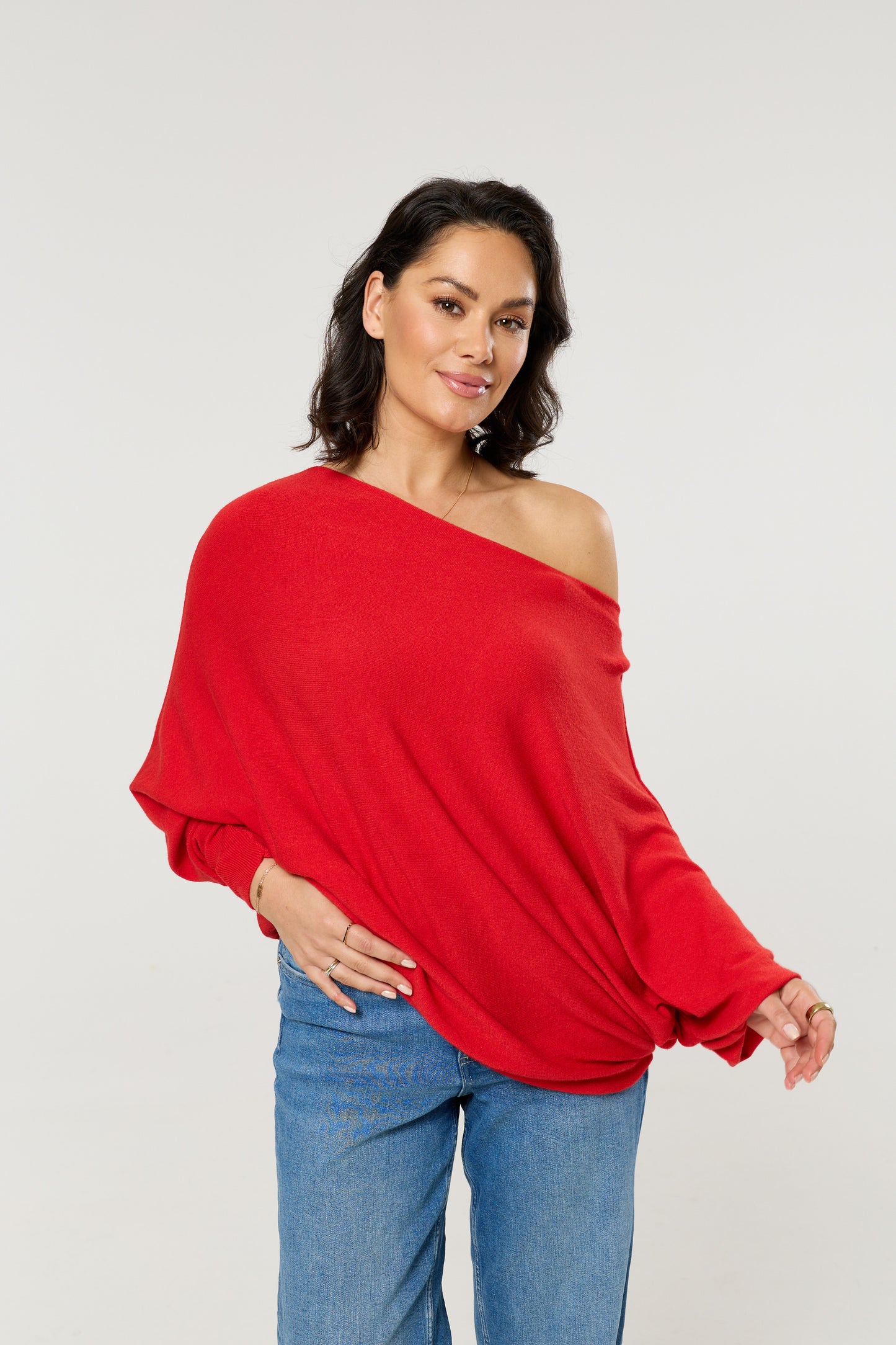 
                  
                    Red Wool Blend Off Shoulder Batwing Knit Jumper
                  
                