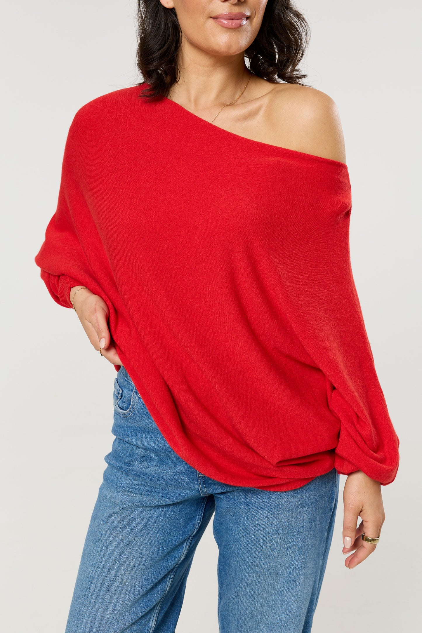 
                  
                    Red Wool Blend Off Shoulder Batwing Knit Jumper
                  
                
