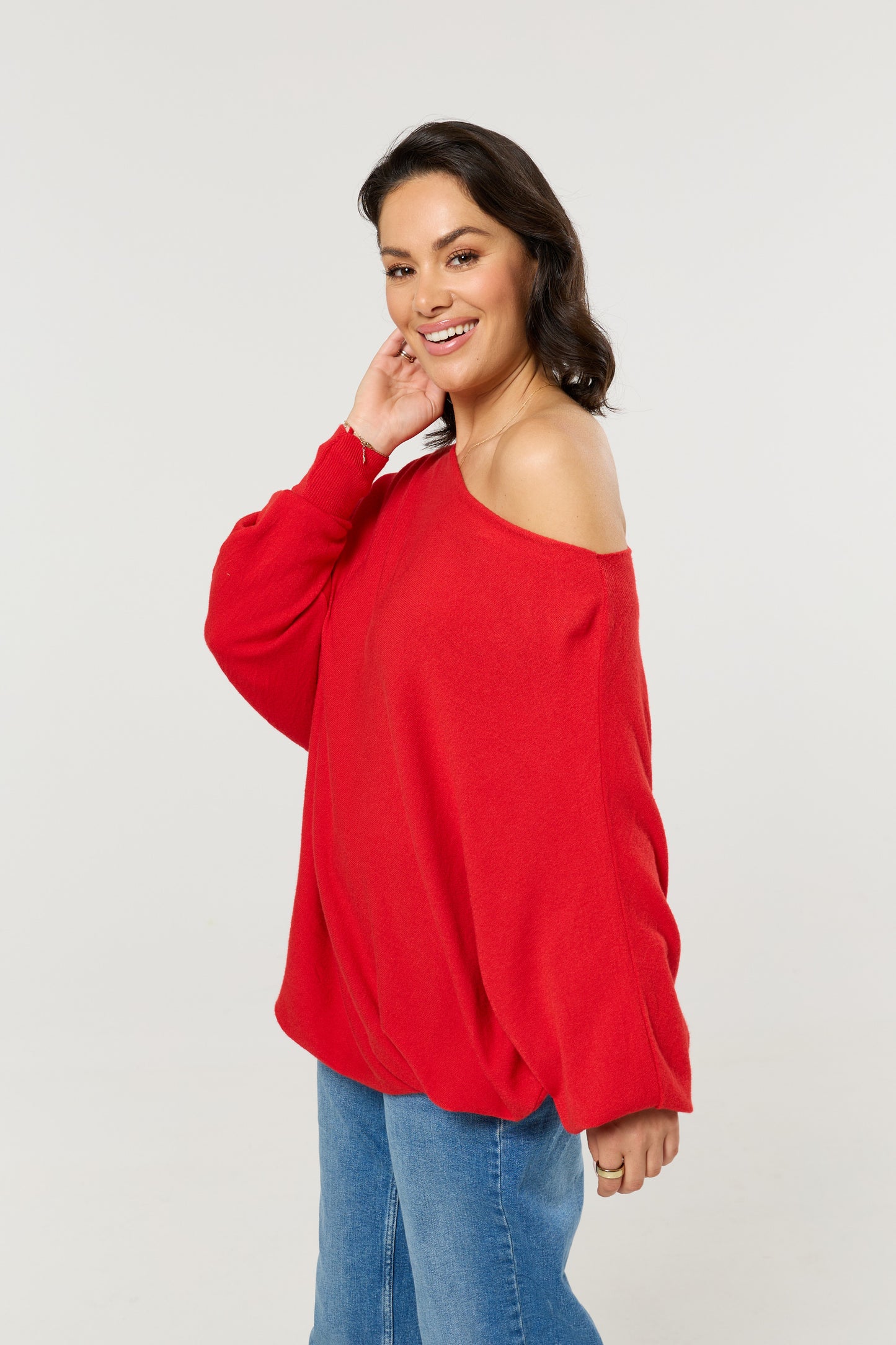 
                  
                    Red Wool Blend Off Shoulder Batwing Knit Jumper
                  
                