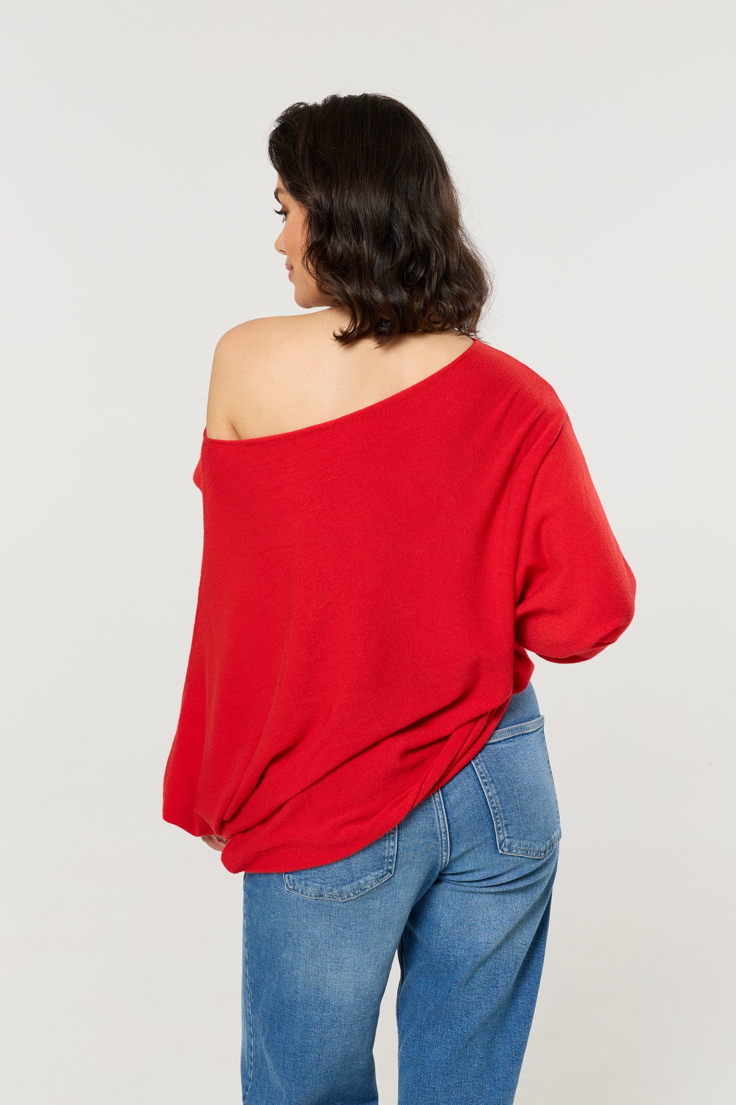 
                  
                    Red Wool Blend Off Shoulder Batwing Knit Jumper
                  
                