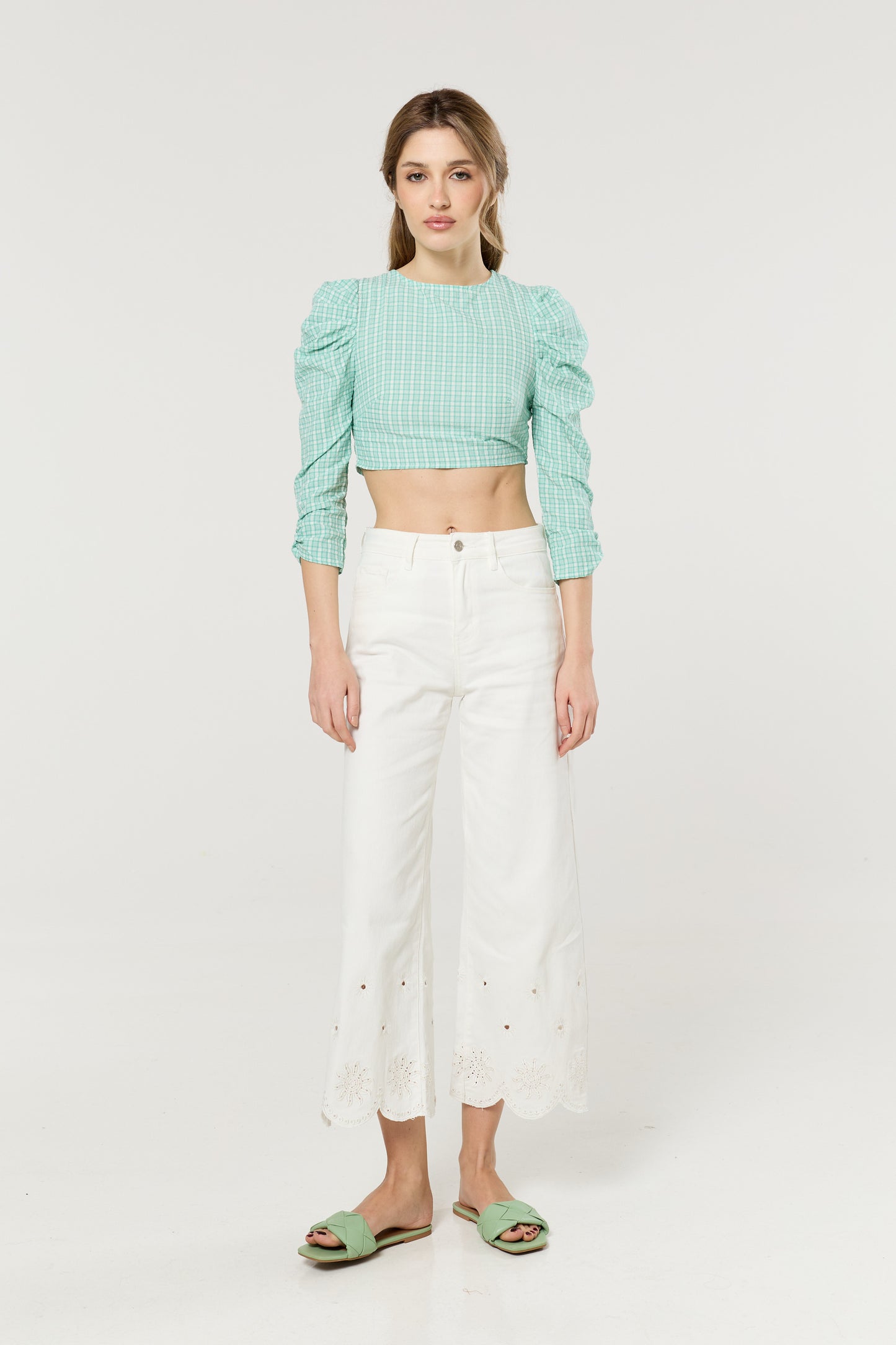 
                  
                    Green Gingham Open Back Tie Crop Top
                  
                