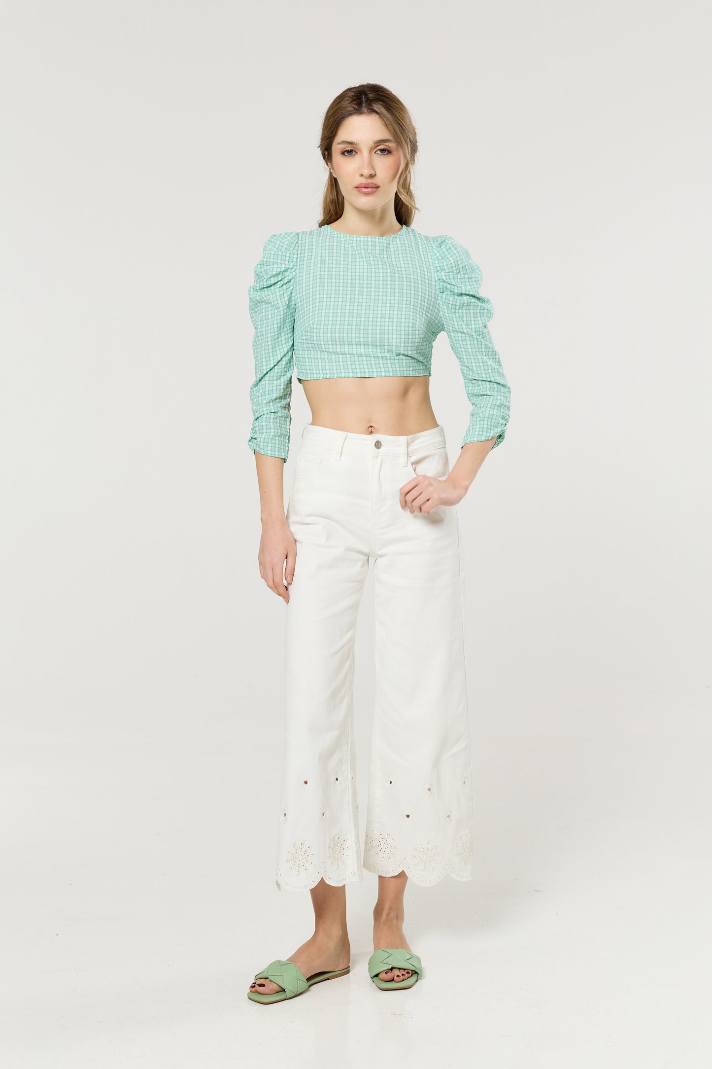 
                  
                    Green Gingham Open Back Tie Crop Top
                  
                