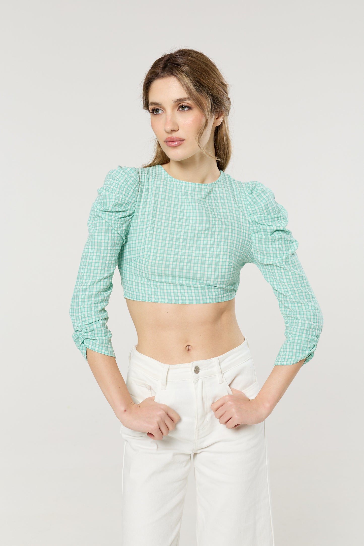 
                  
                    Green Gingham Open Back Tie Crop Top
                  
                