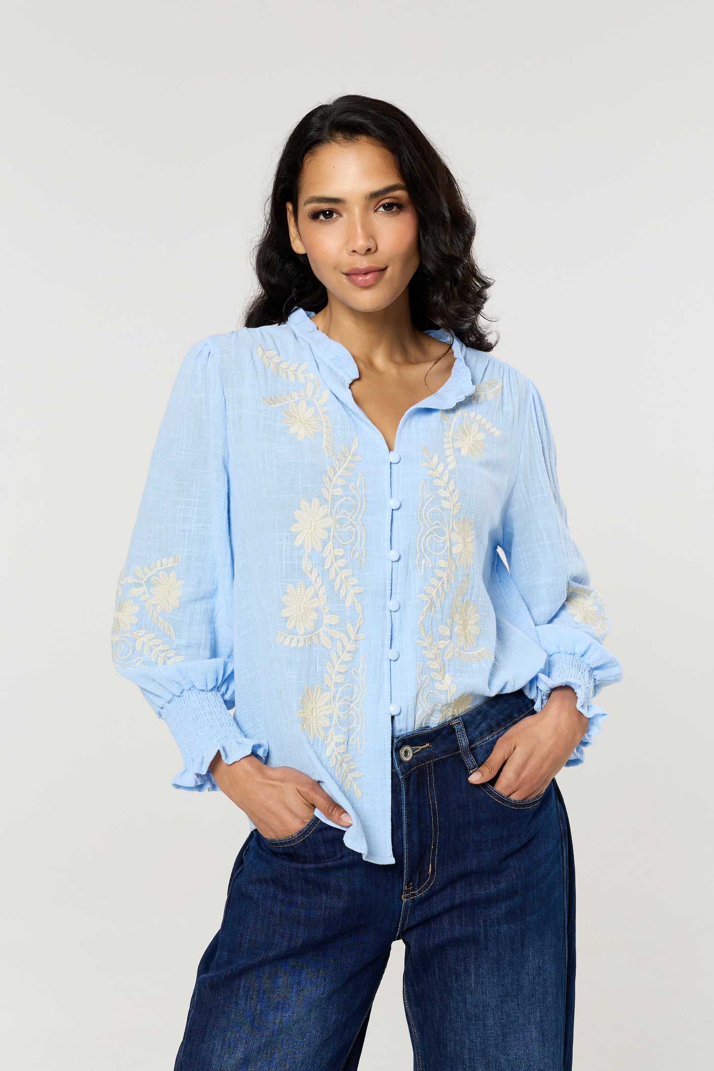 
                  
                    Blue Embroidered Cotton Boho Blouse
                  
                