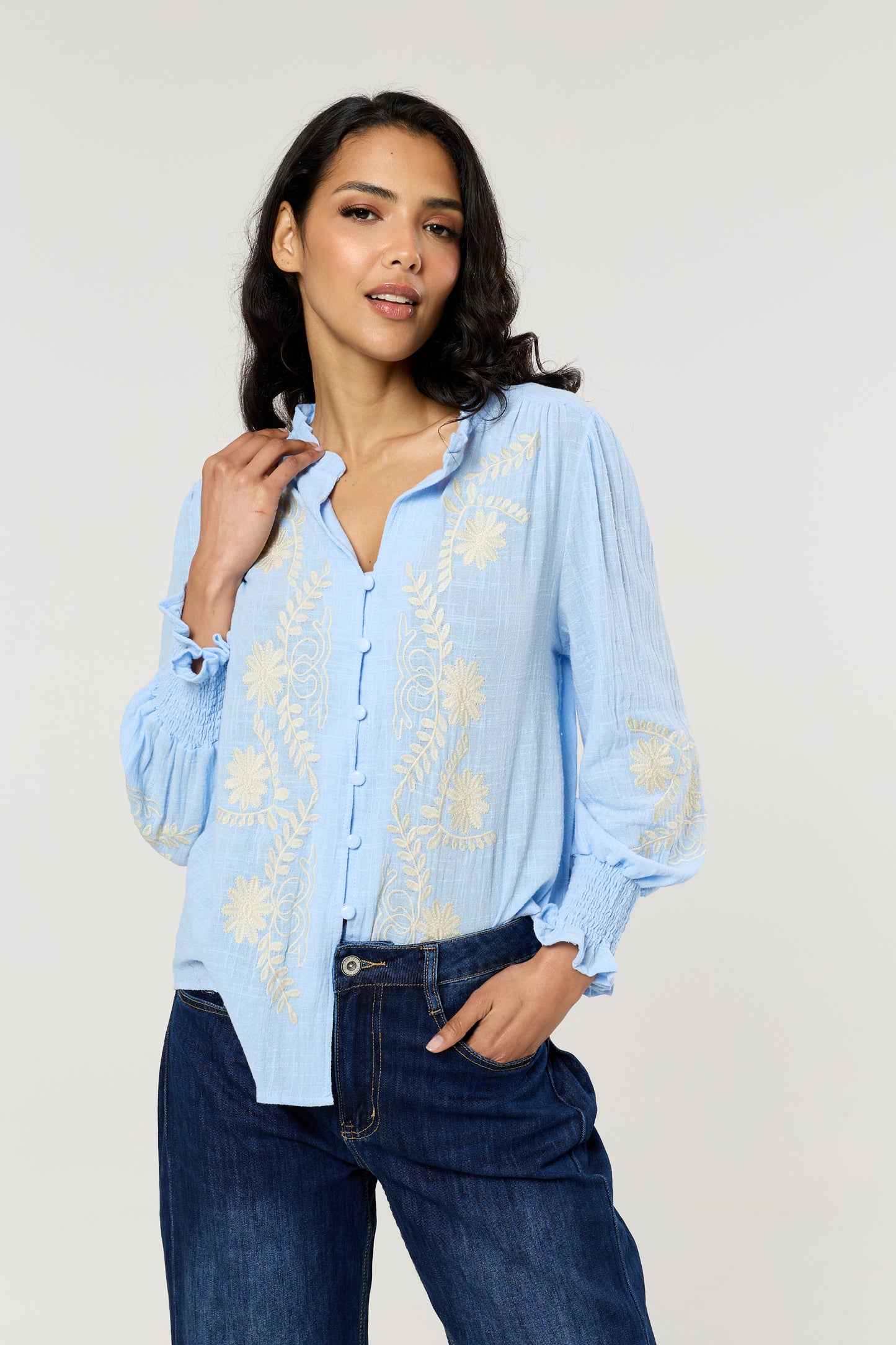 
                  
                    Blue Embroidered Cotton Boho Blouse
                  
                