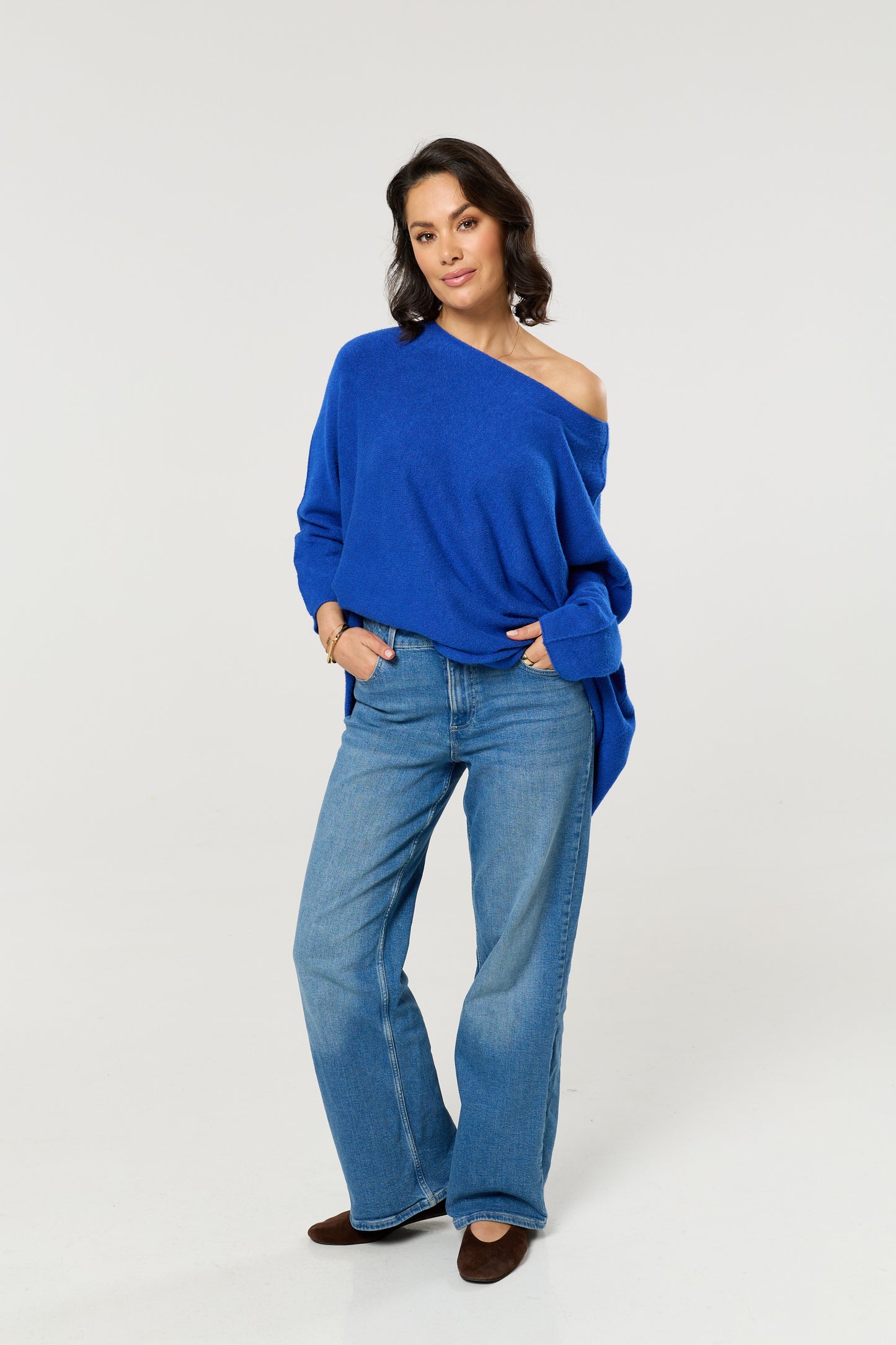 
                  
                    Dark Blue Off Shoulder Relaxed Knit Jumper
                  
                