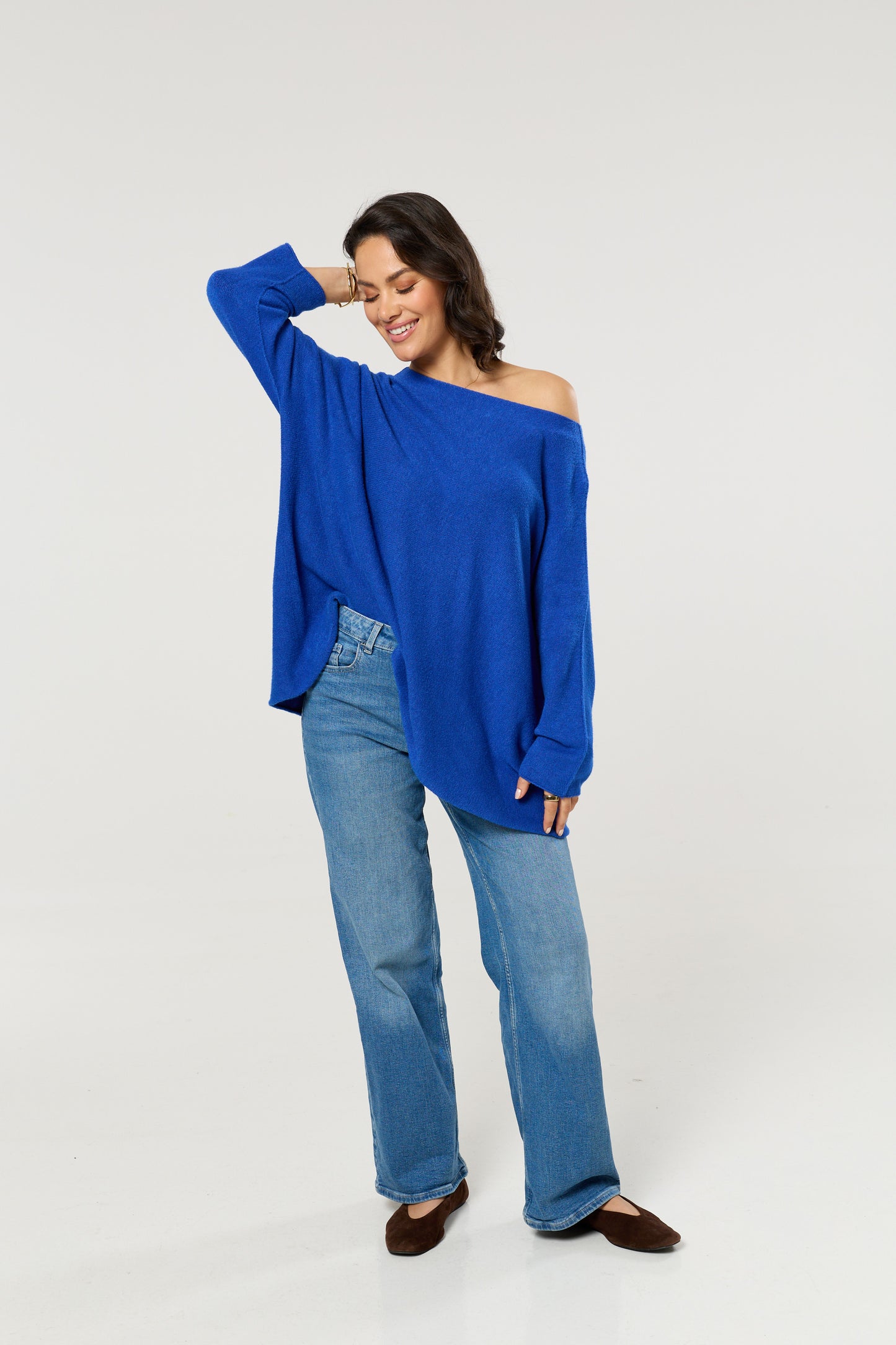 
                  
                    Dark Blue Off Shoulder Relaxed Knit Jumper
                  
                