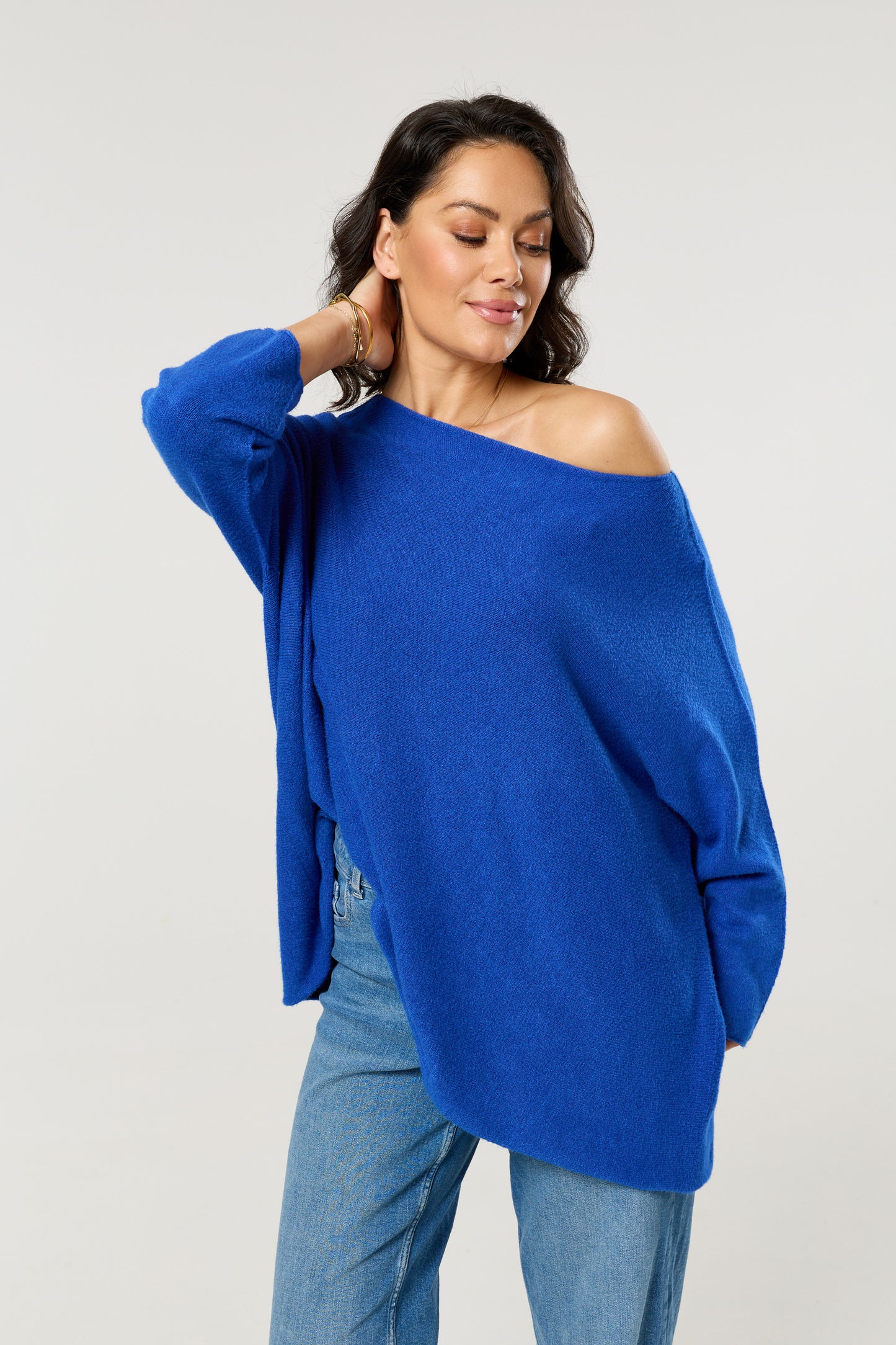 
                  
                    Dark Blue Off Shoulder Relaxed Knit Jumper
                  
                