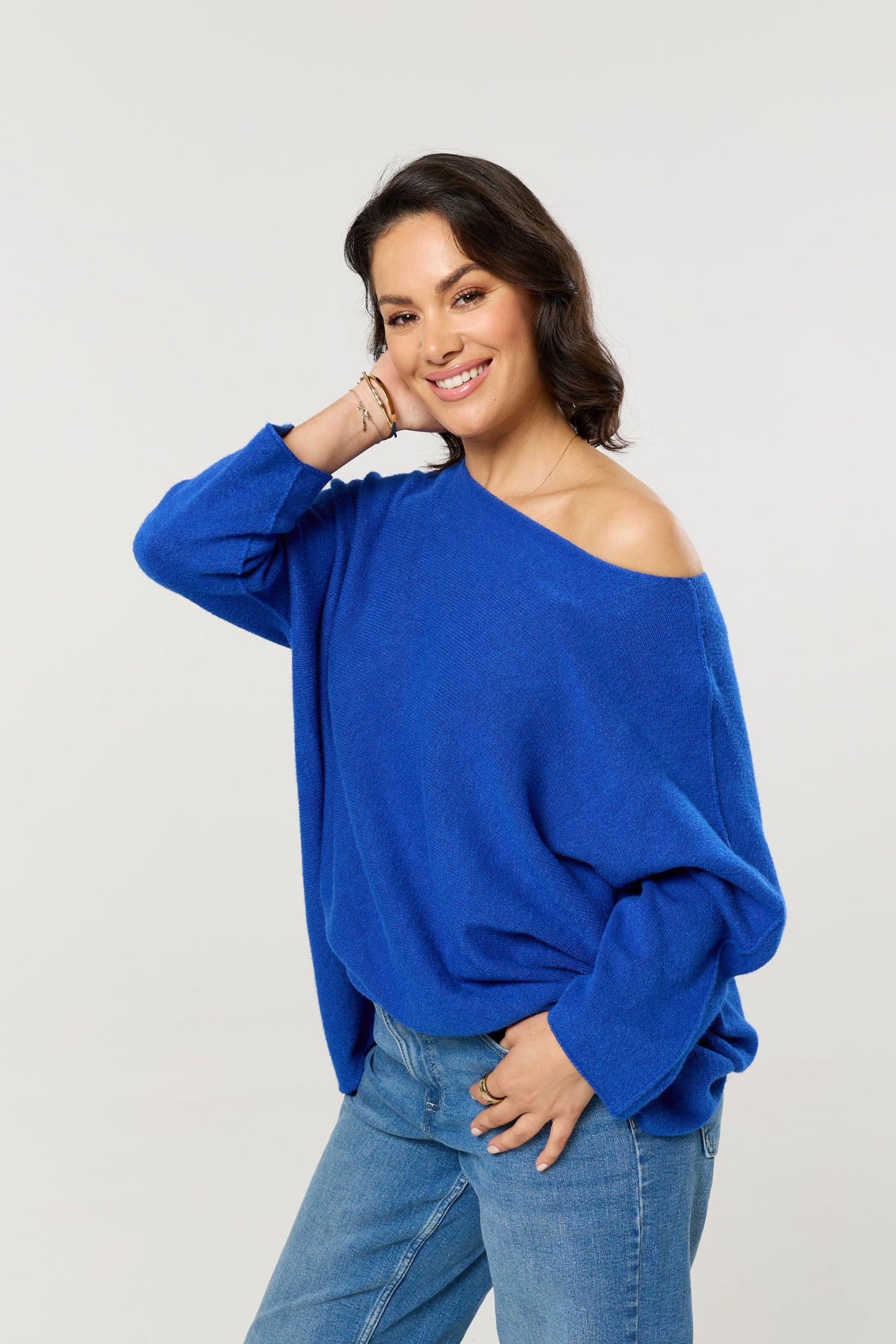 
                  
                    Dark Blue Off Shoulder Relaxed Knit Jumper
                  
                