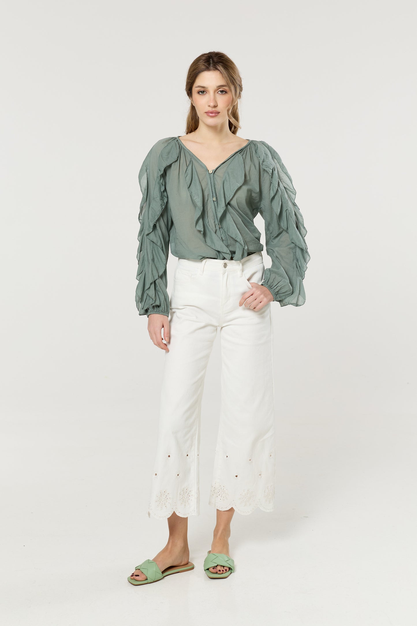 
                  
                    Green Ruffle Button Down Cotton Blouse
                  
                