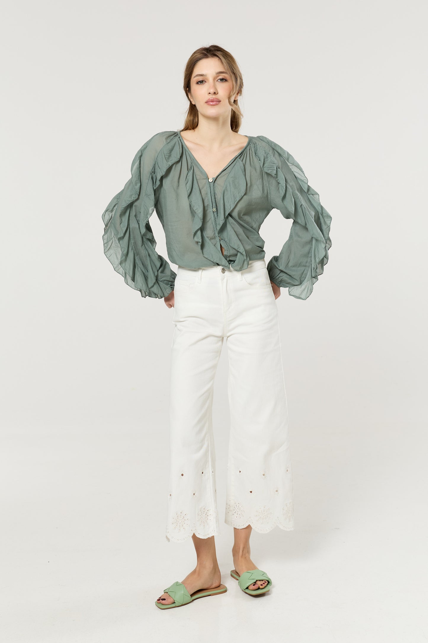 
                  
                    Green Ruffle Button Down Cotton Blouse
                  
                