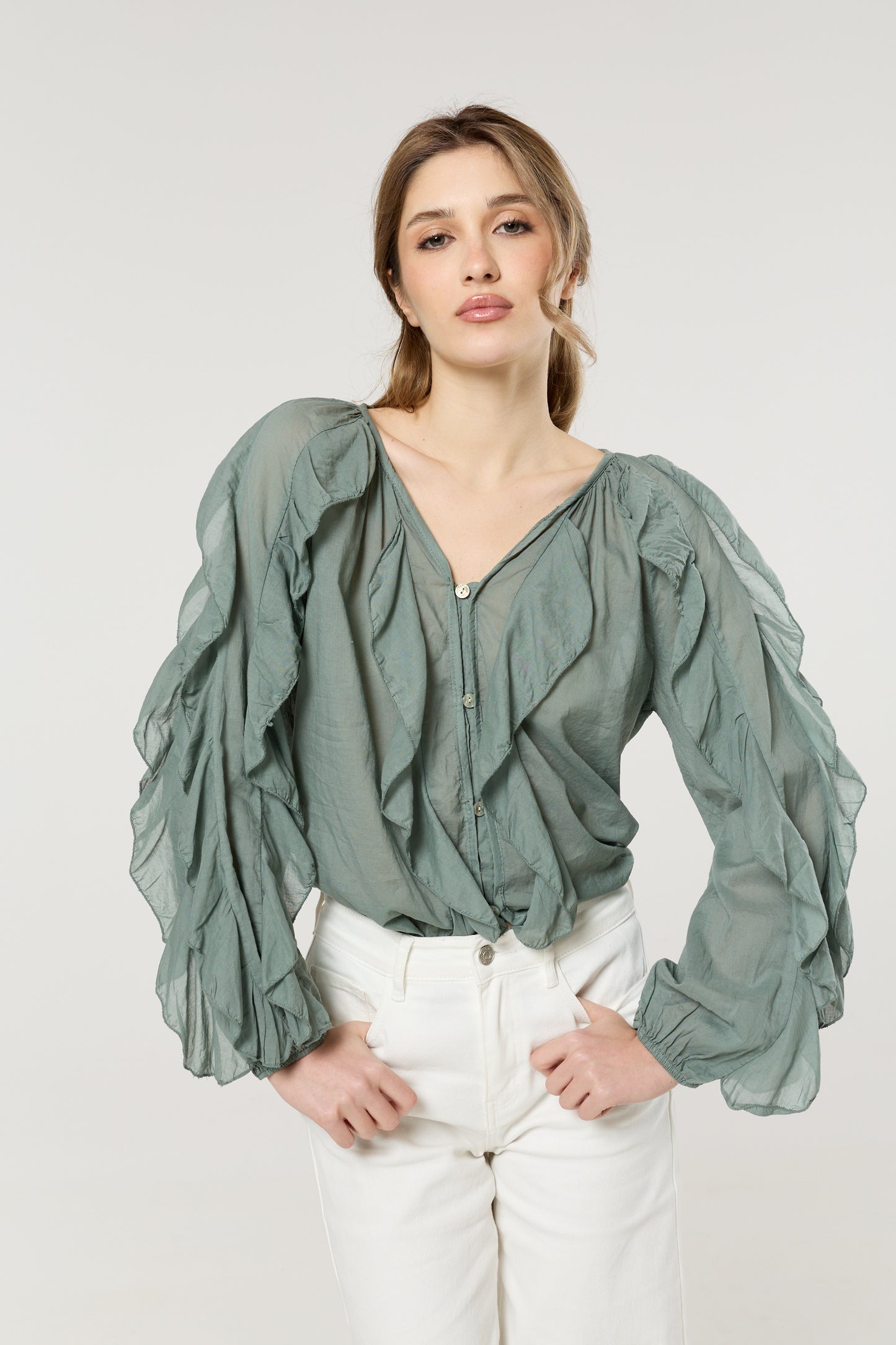 
                  
                    Green Ruffle Button Down Cotton Blouse
                  
                