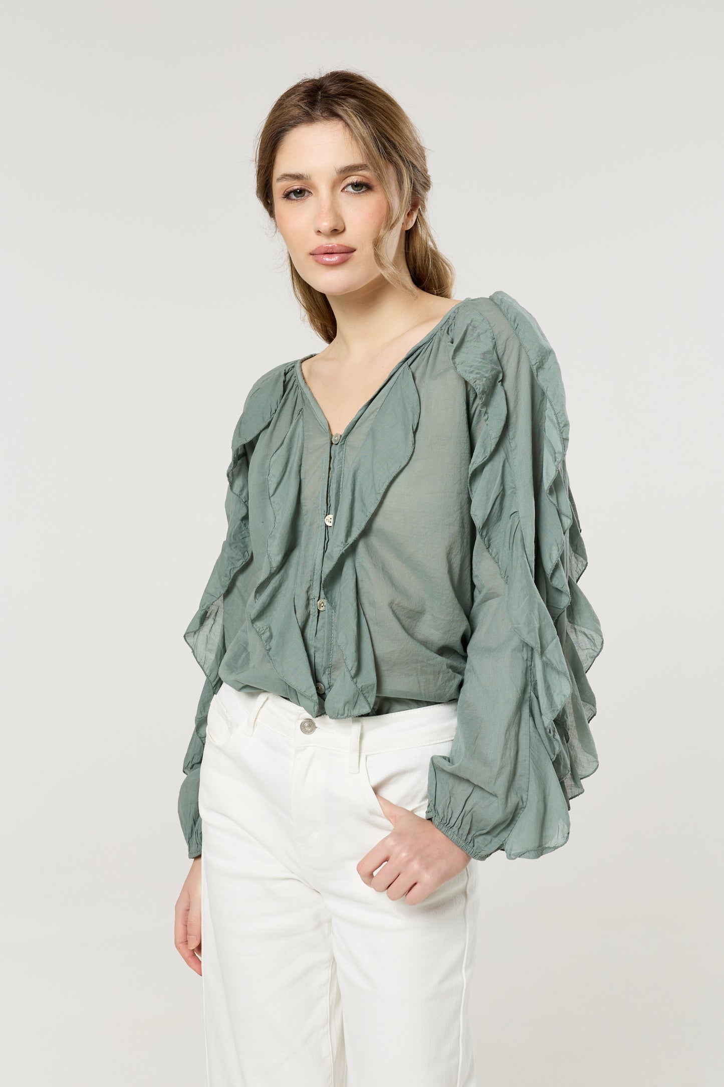 
                  
                    Green Ruffle Button Down Cotton Blouse
                  
                