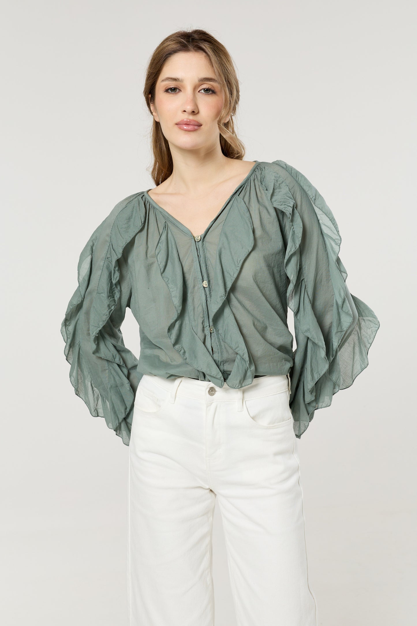 
                  
                    Green Ruffle Button Down Cotton Blouse
                  
                