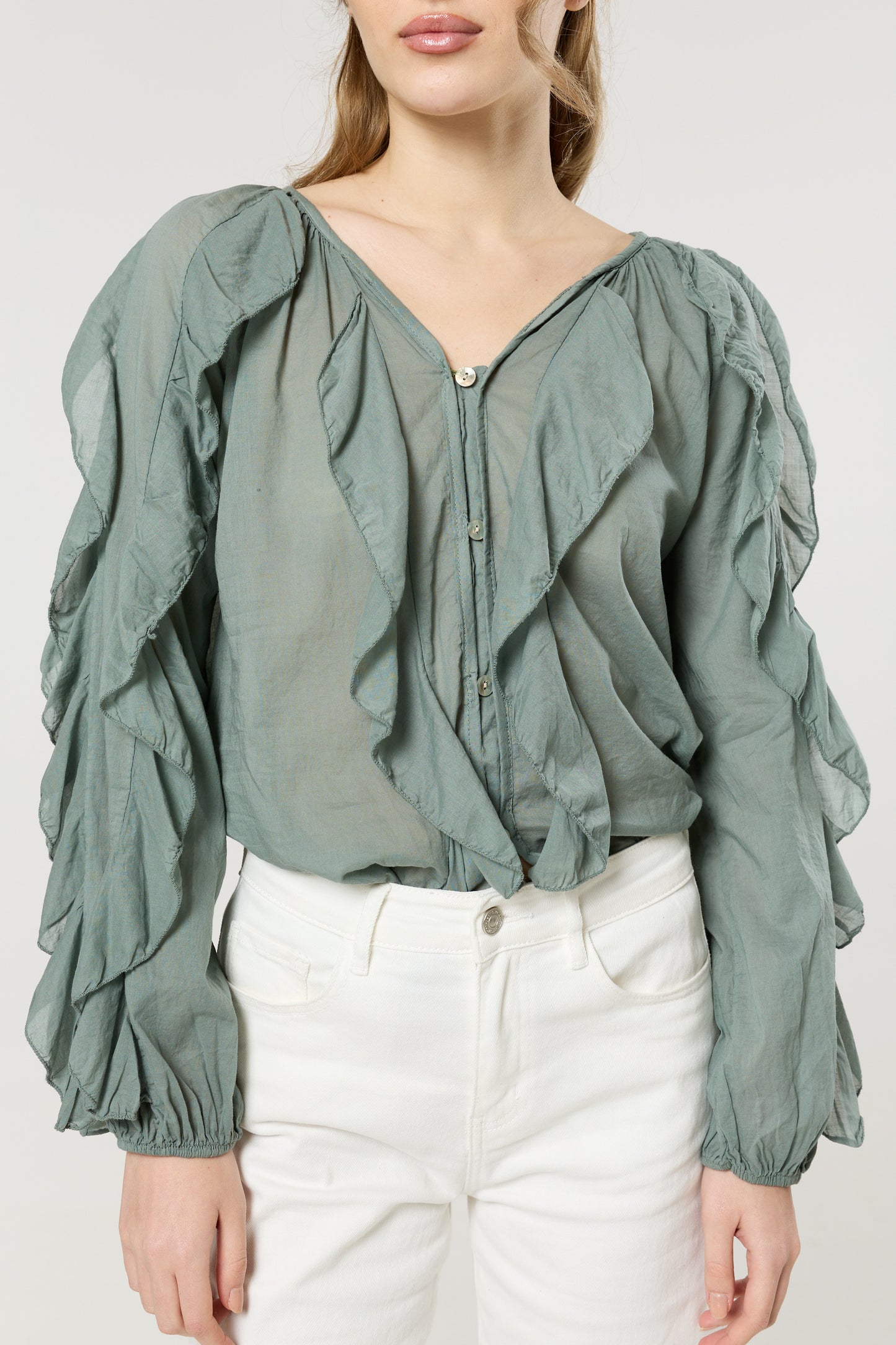 
                  
                    Green Ruffle Button Down Cotton Blouse
                  
                