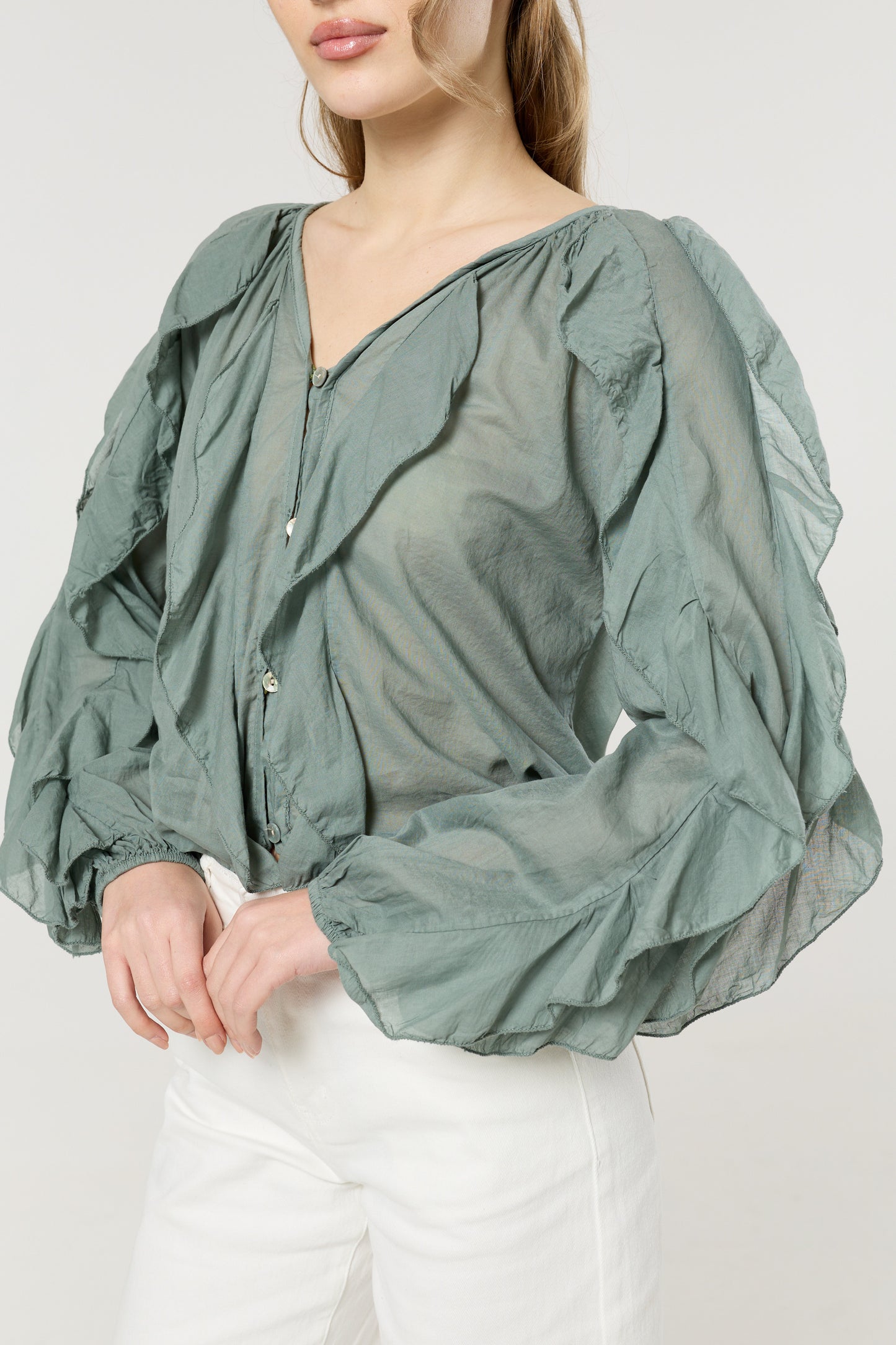 
                  
                    Green Ruffle Button Down Cotton Blouse
                  
                