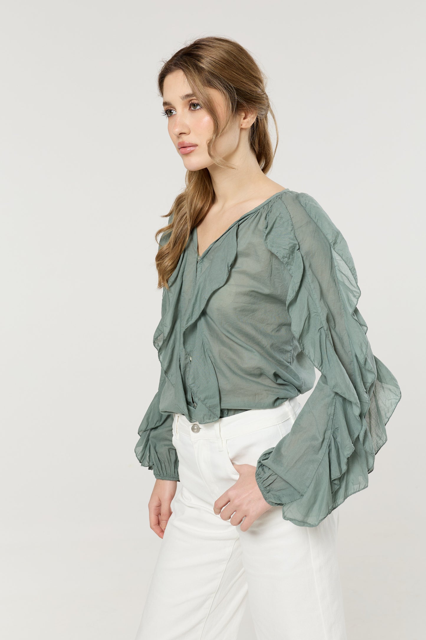 
                  
                    Green Ruffle Button Down Cotton Blouse
                  
                