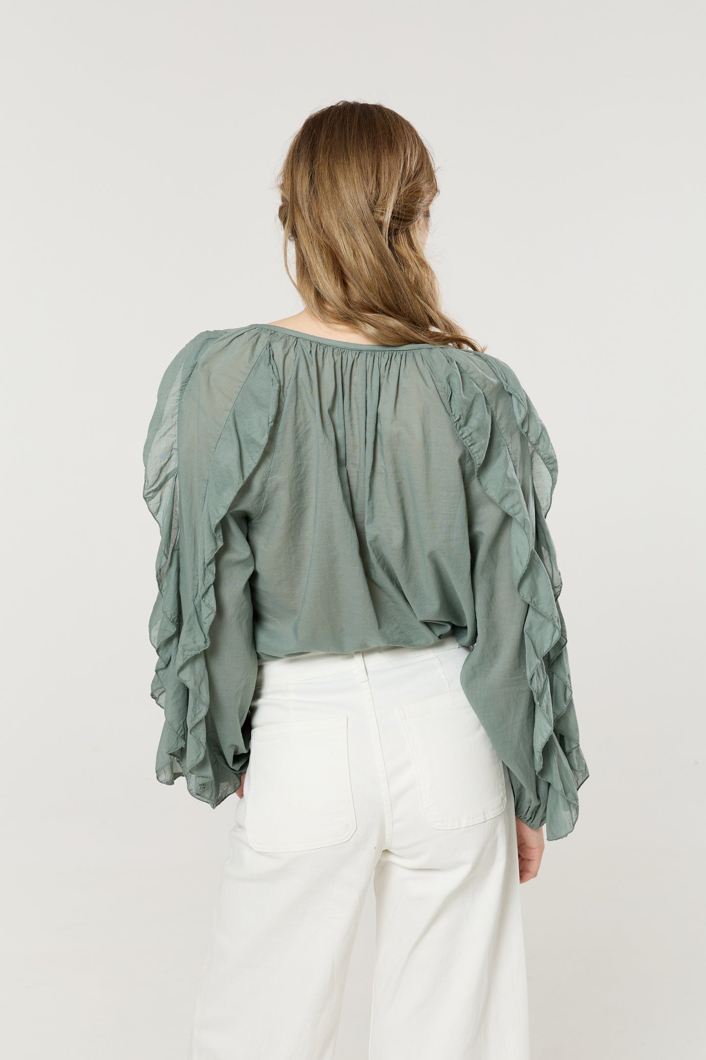 
                  
                    Green Ruffle Button Down Cotton Blouse
                  
                