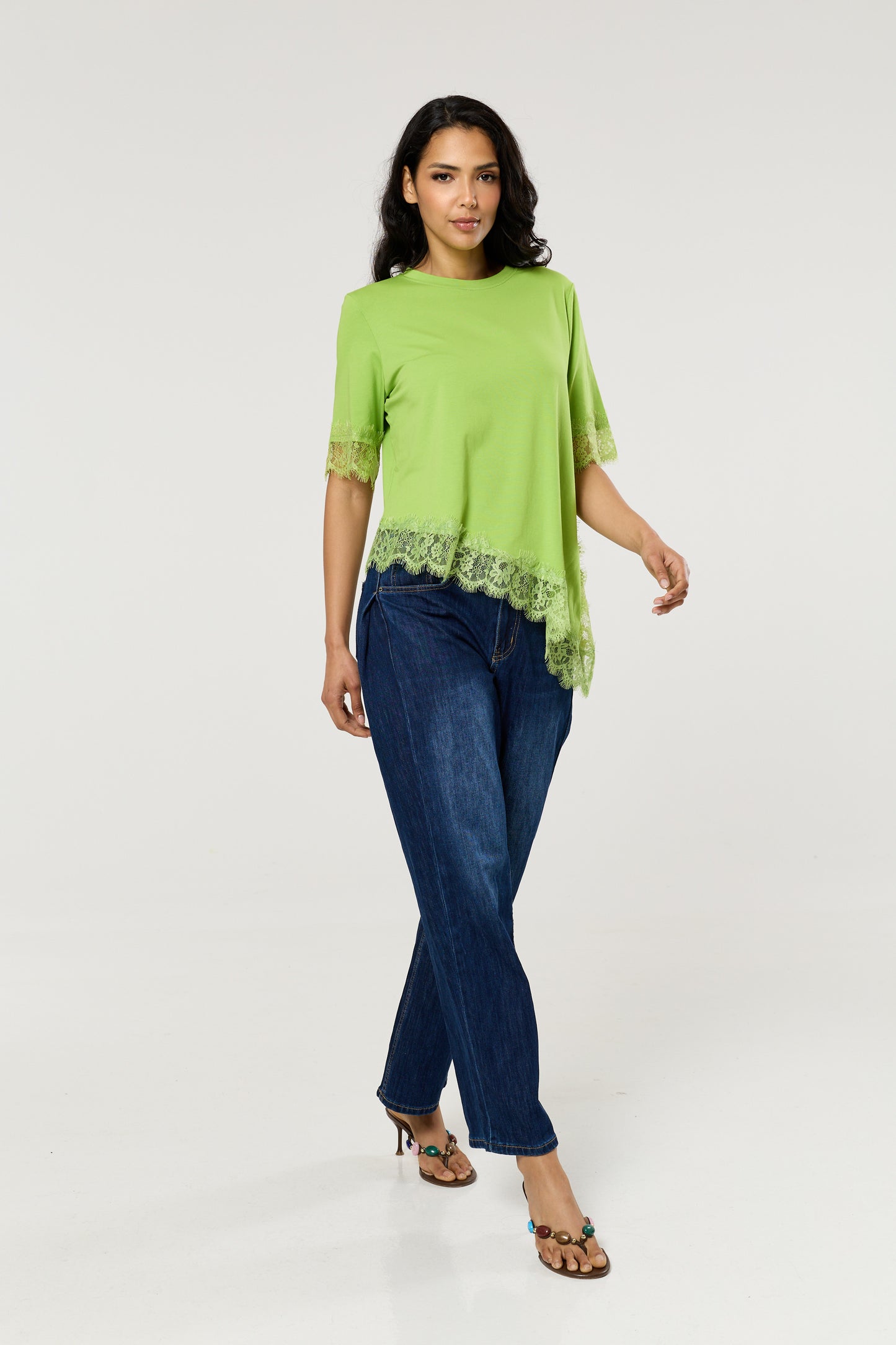 
                  
                    Green Asymmetric Lace Trim Cotton T-Shirt
                  
                