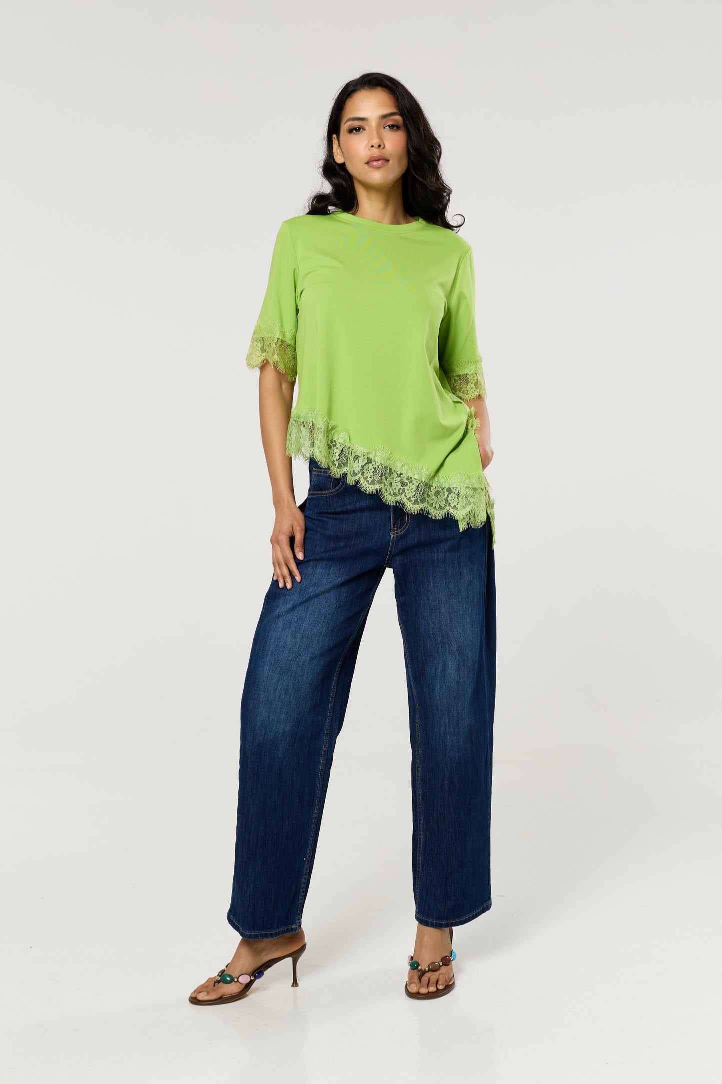 
                  
                    Green Asymmetric Lace Trim Cotton T-Shirt
                  
                