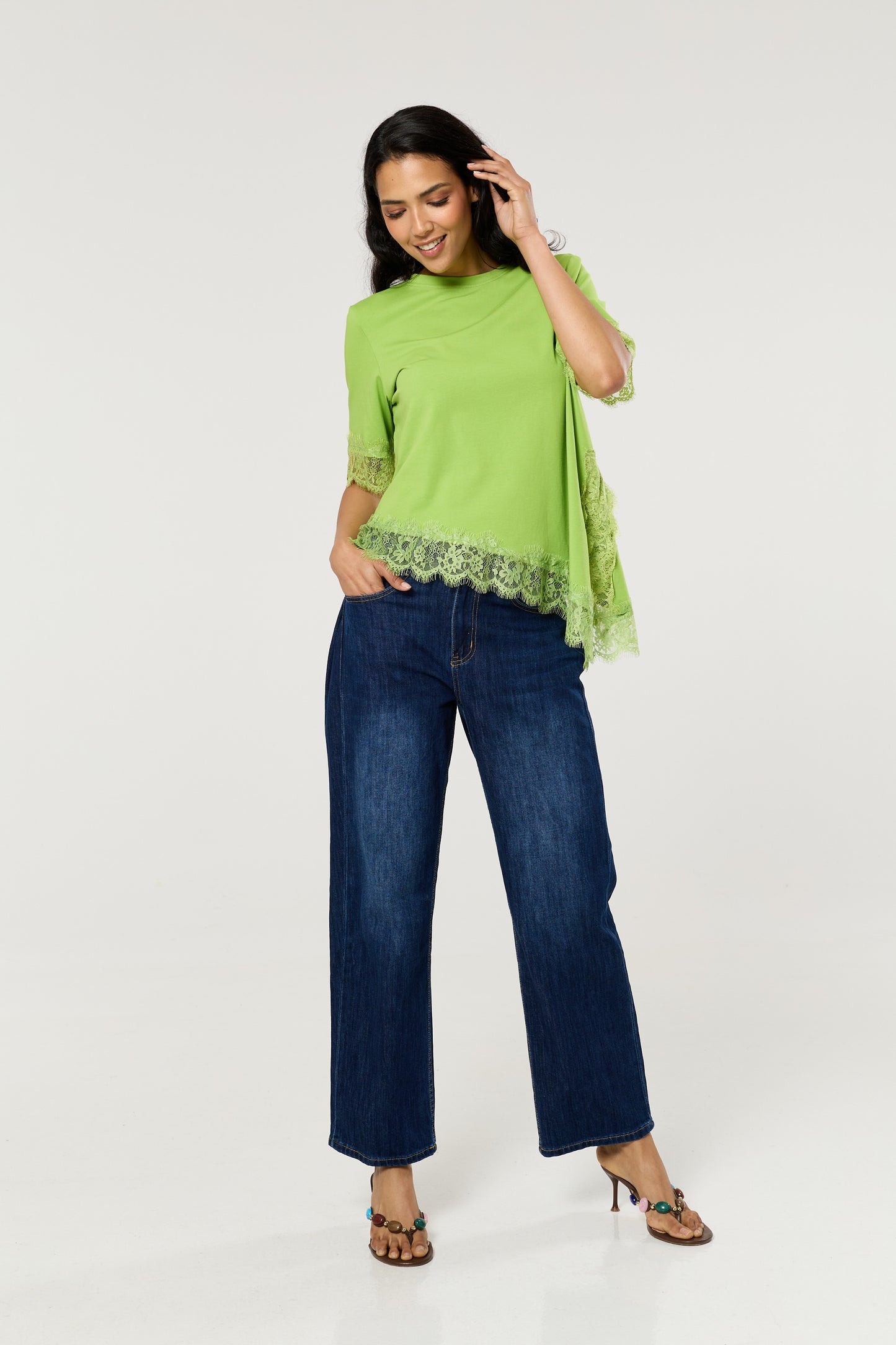 
                  
                    Green Asymmetric Lace Trim Cotton T-Shirt
                  
                