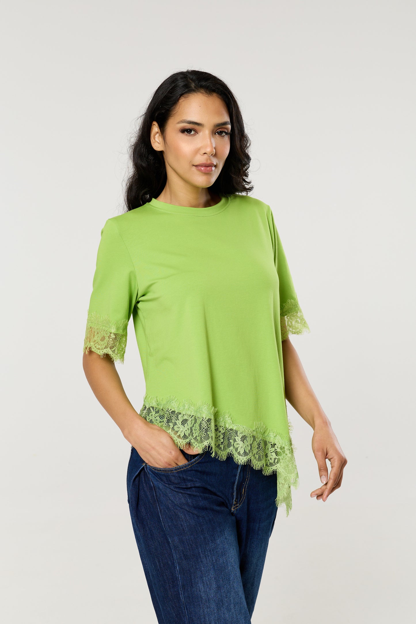 
                  
                    Green Asymmetric Lace Trim Cotton T-Shirt
                  
                