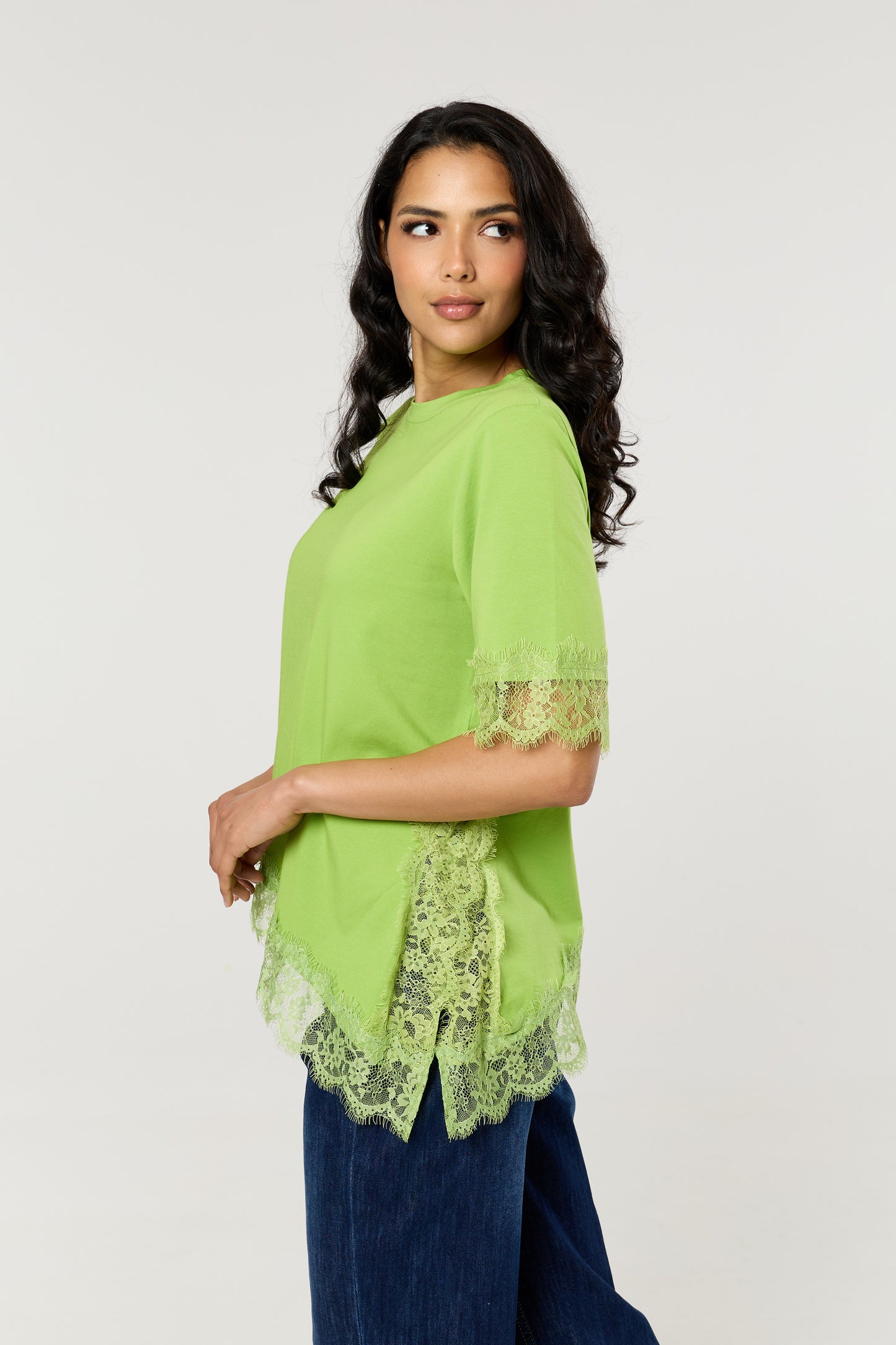 
                  
                    Green Asymmetric Lace Trim Cotton T-Shirt
                  
                