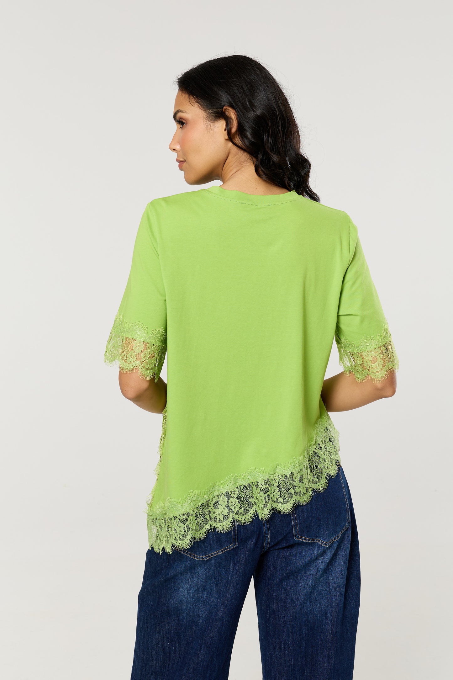 
                  
                    Green Asymmetric Lace Trim Cotton T-Shirt
                  
                