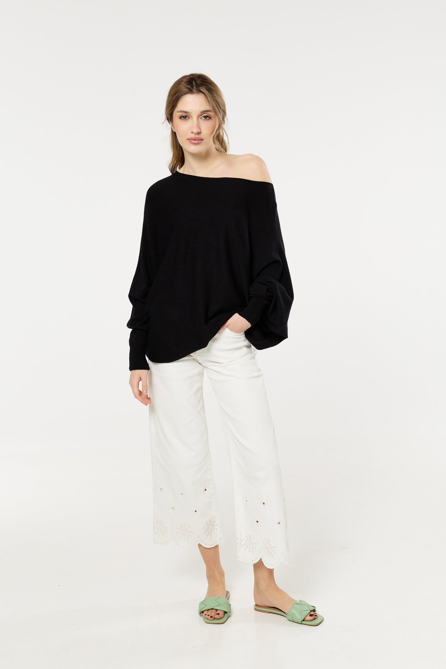 
                  
                    Black Wool Blend Off Shoulder Batwing Knit Jumper
                  
                