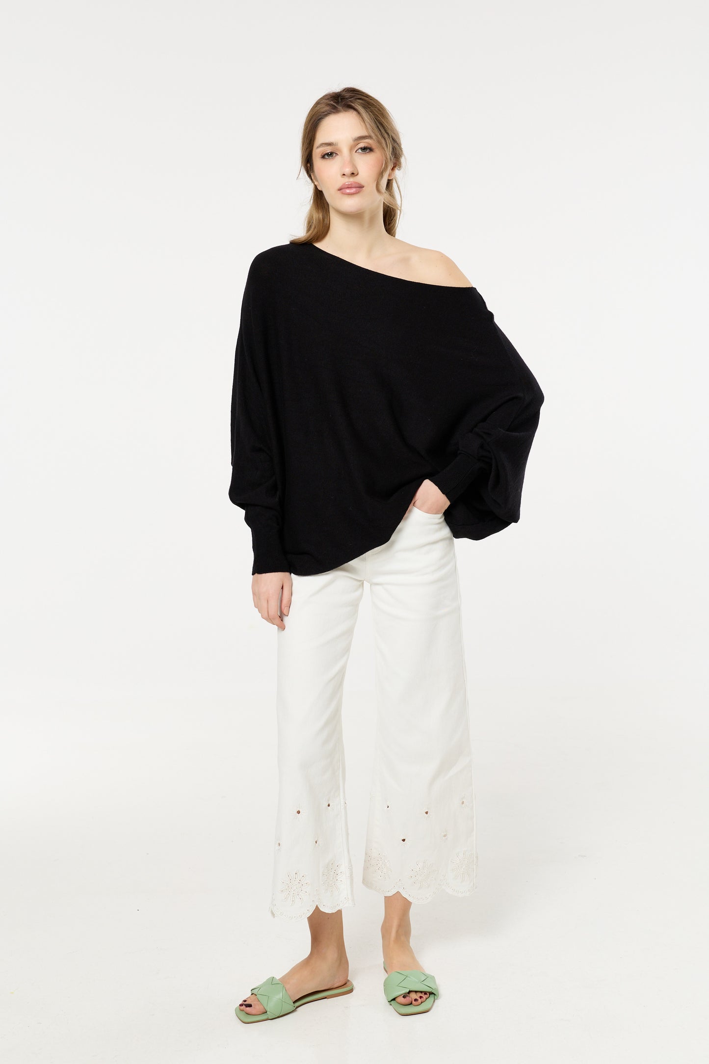 
                  
                    Black Wool Blend Off Shoulder Batwing Knit Jumper
                  
                