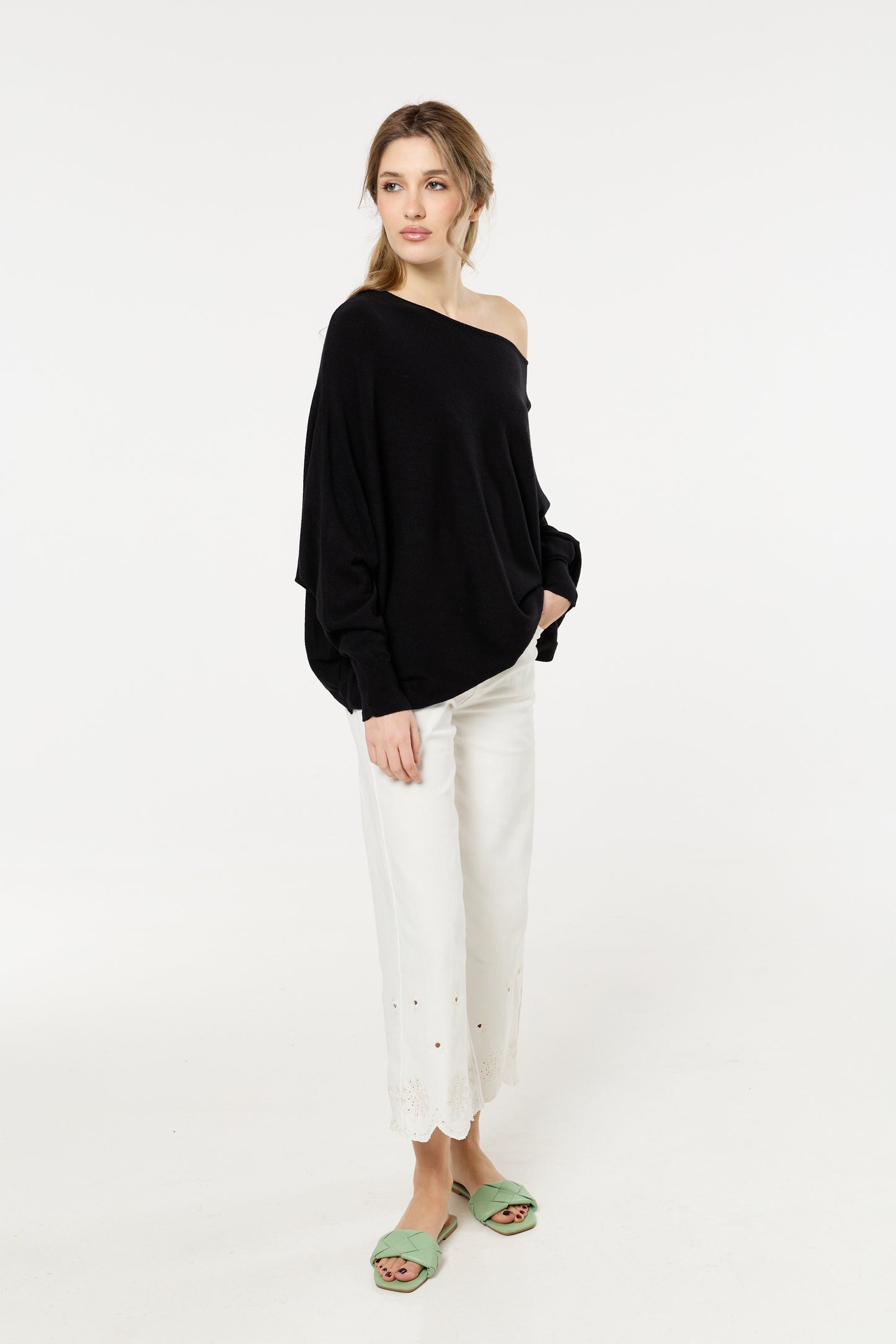 
                  
                    Black Wool Blend Off Shoulder Batwing Knit Jumper
                  
                
