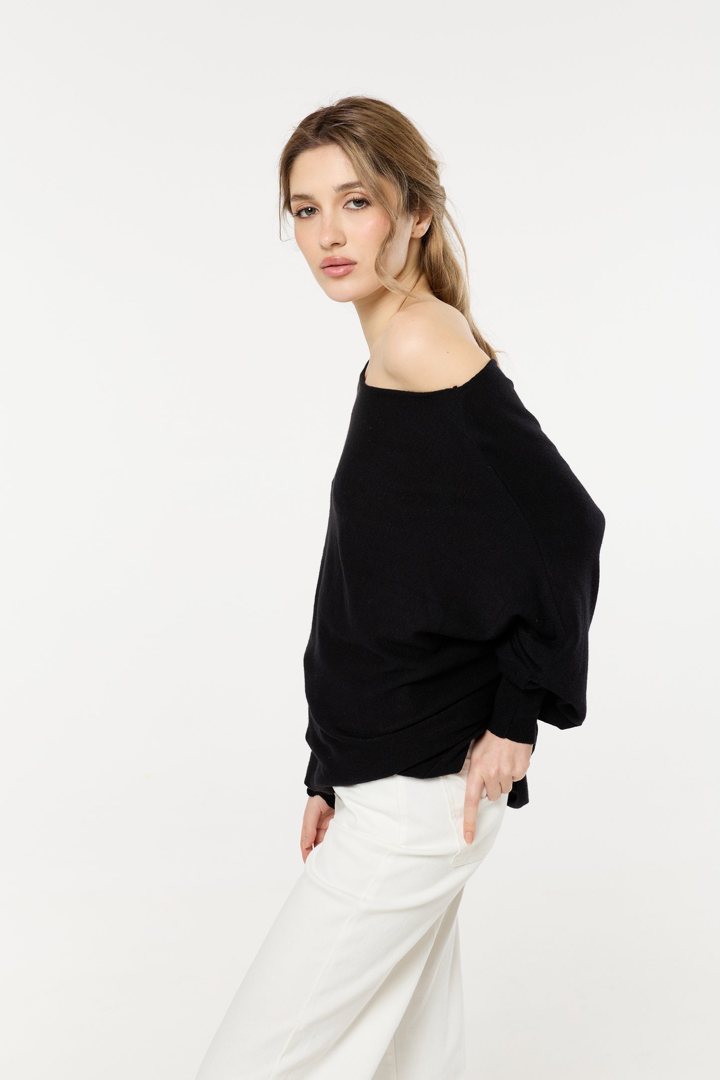 
                  
                    Black Wool Blend Off Shoulder Batwing Knit Jumper
                  
                