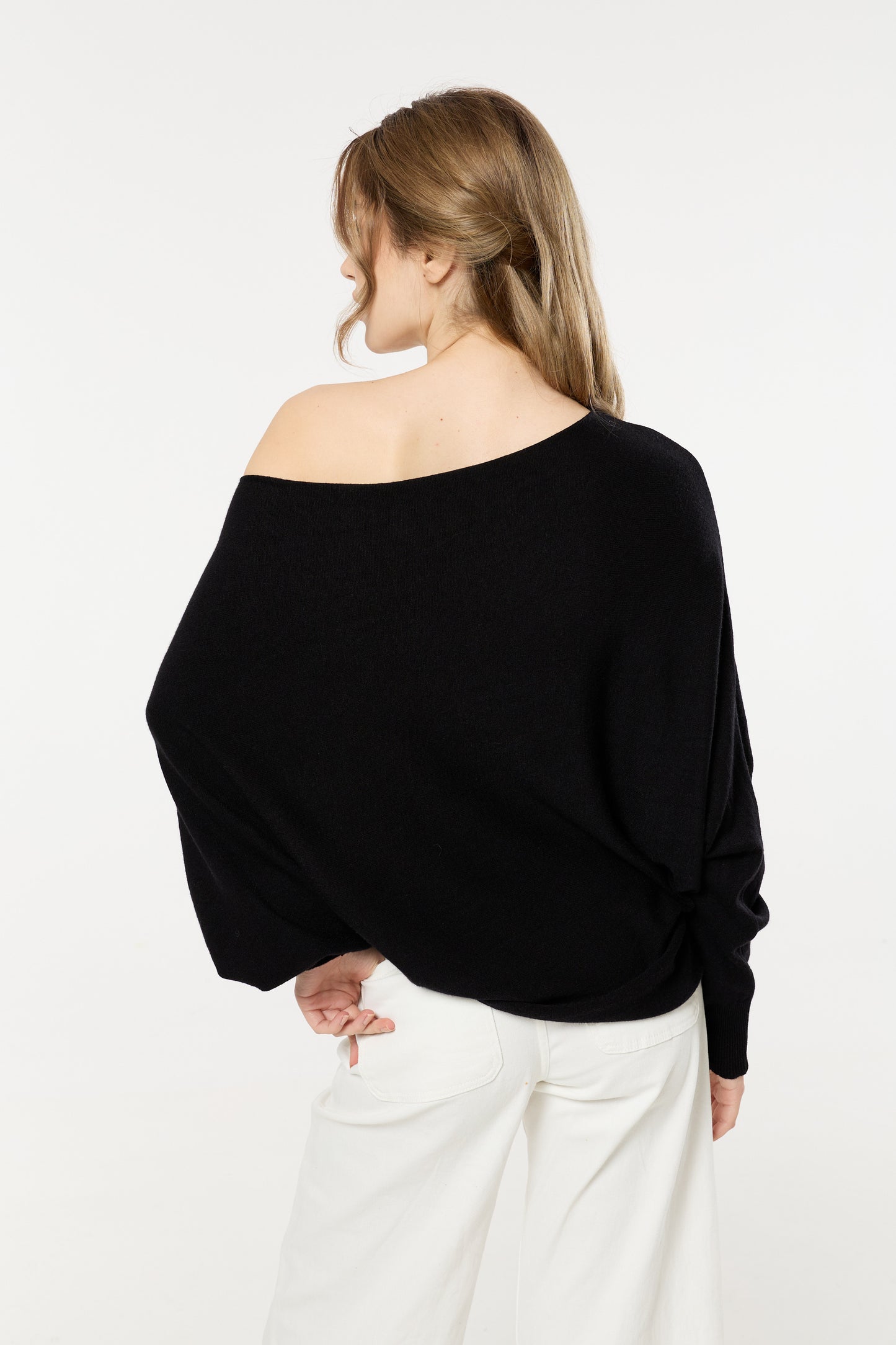 
                  
                    Black Wool Blend Off Shoulder Batwing Knit Jumper
                  
                