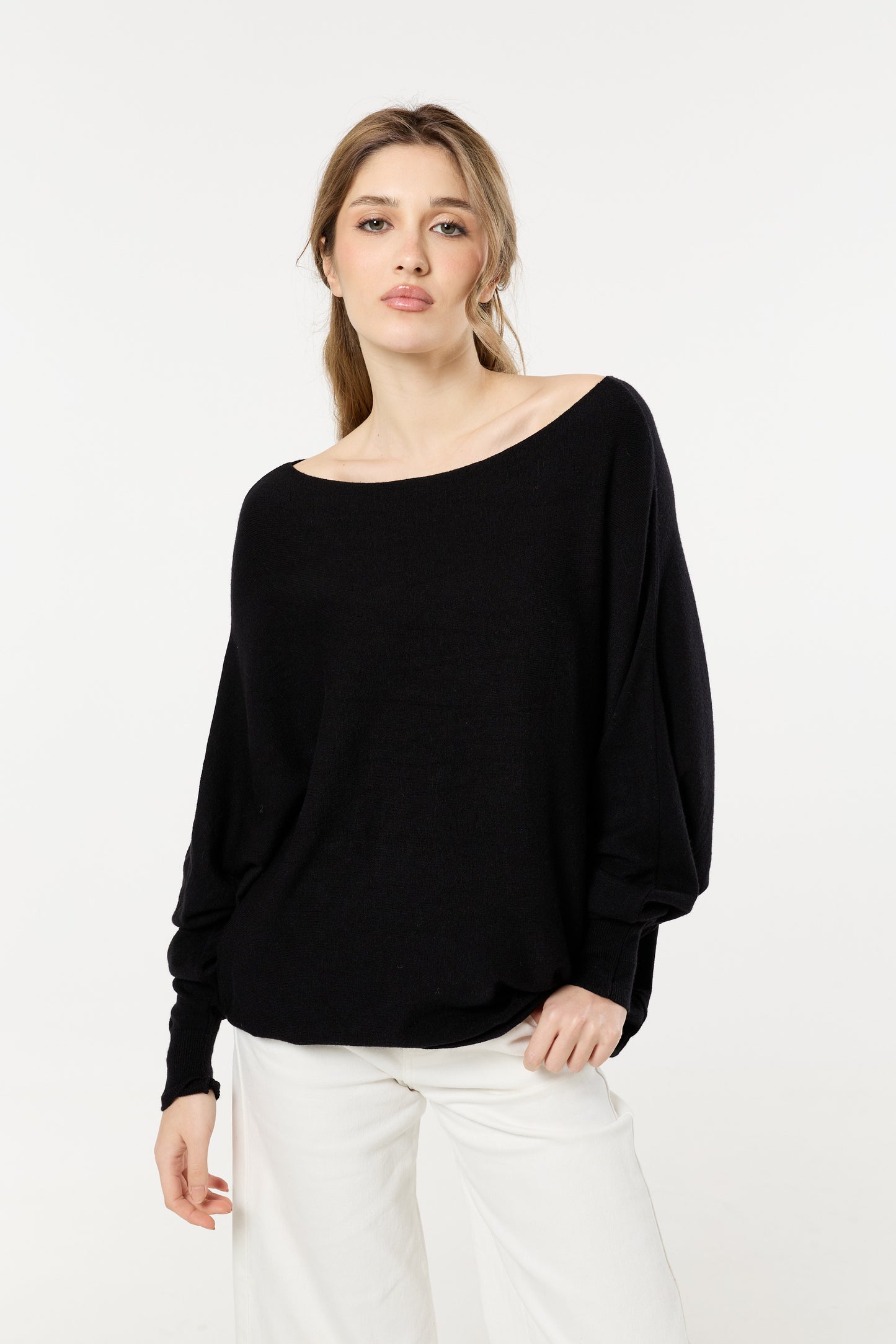 
                  
                    Black Wool Blend Off Shoulder Batwing Knit Jumper
                  
                