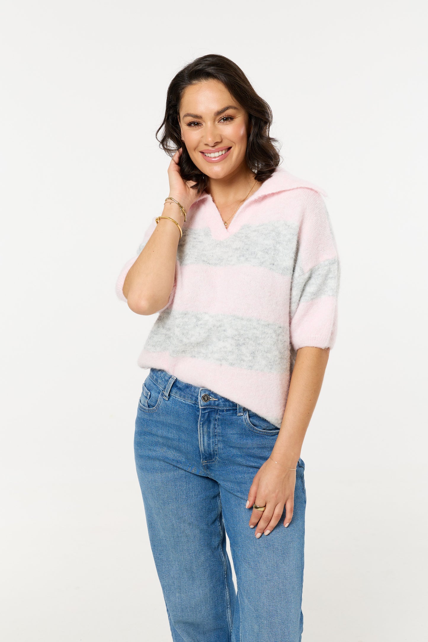 
                  
                    Pink And Grey Stripe Wool Blend Knitted Polo Jumper
                  
                