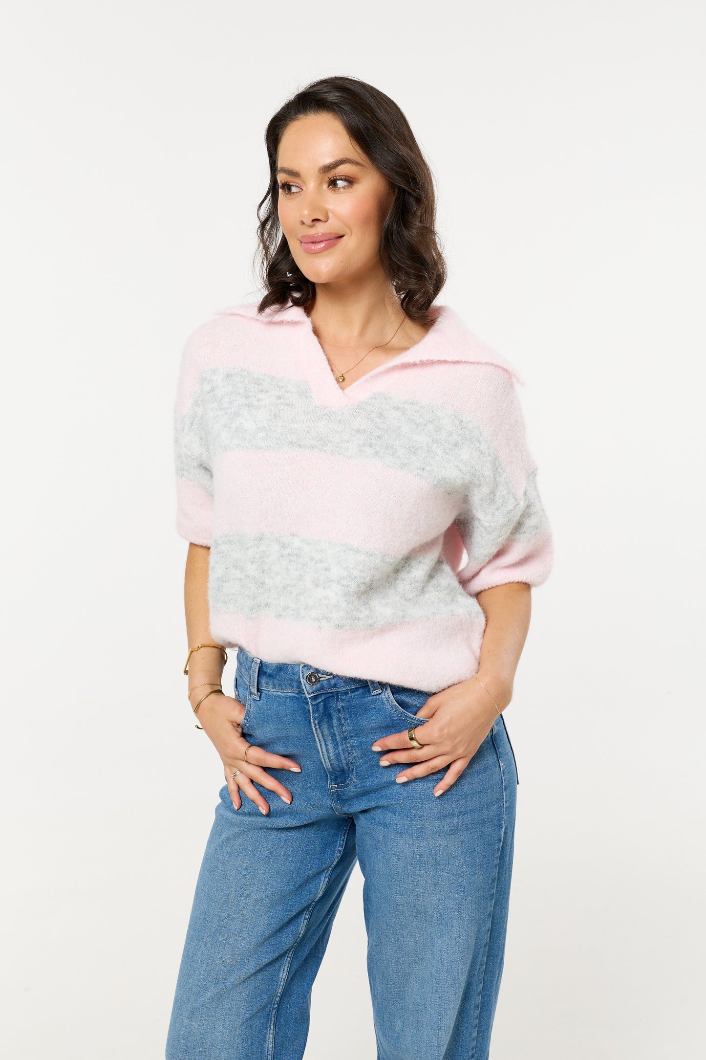 
                  
                    Pink And Grey Stripe Wool Blend Knitted Polo Jumper
                  
                