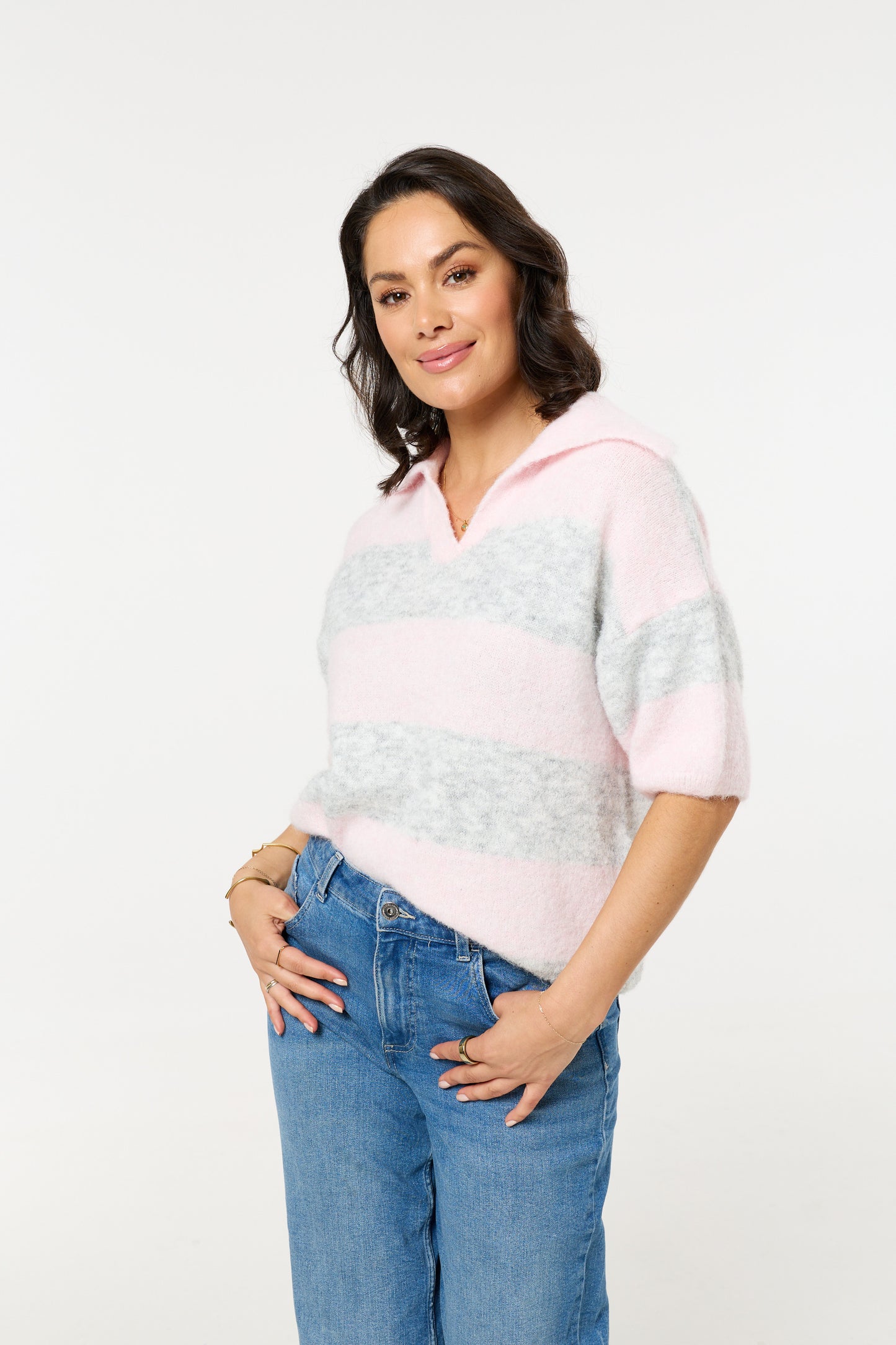 
                  
                    Pink And Grey Stripe Wool Blend Knitted Polo Jumper
                  
                