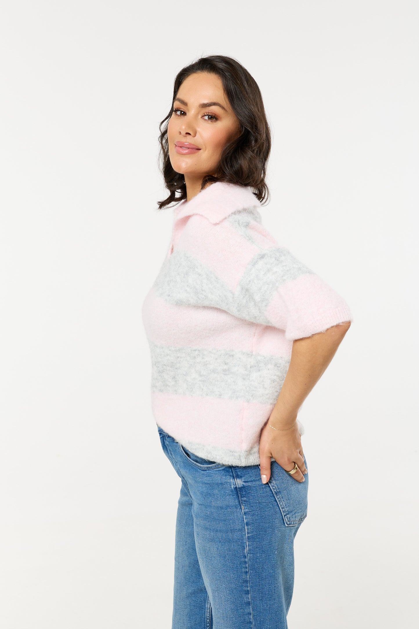 
                  
                    Pink And Grey Stripe Wool Blend Knitted Polo Jumper
                  
                