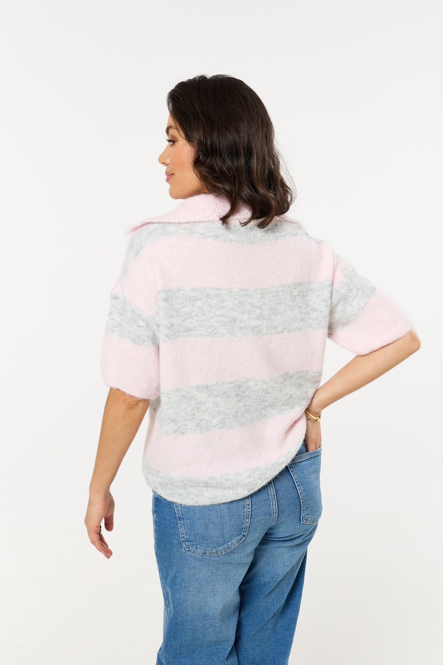 
                  
                    Pink And Grey Stripe Wool Blend Knitted Polo Jumper
                  
                