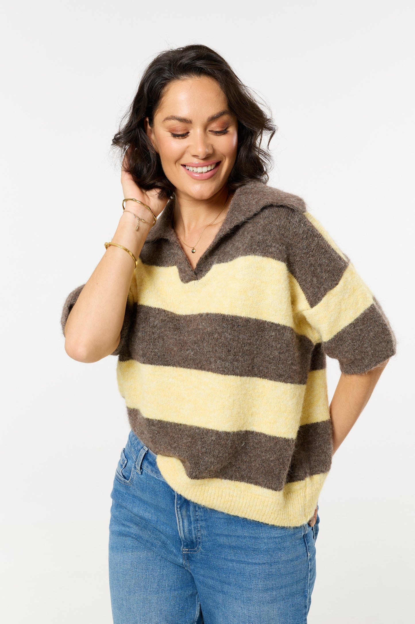 
                  
                    Brown And Light Yellow Stripe Wool Blend Knitted Polo Jumper
                  
                
