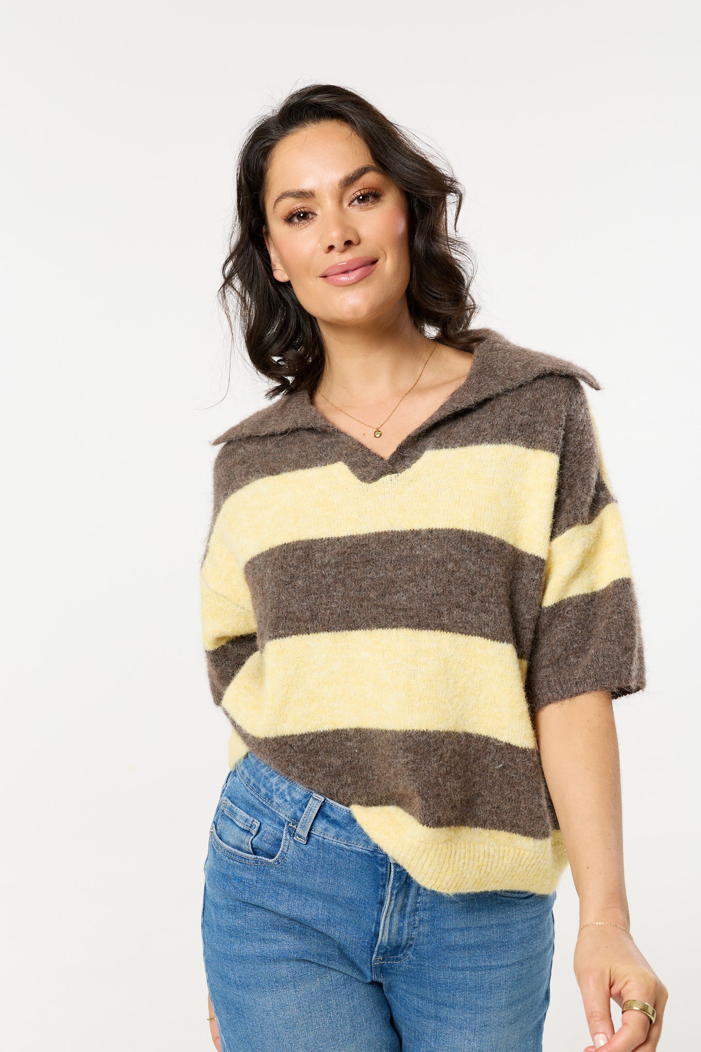 
                  
                    Brown And Light Yellow Stripe Wool Blend Knitted Polo Jumper
                  
                