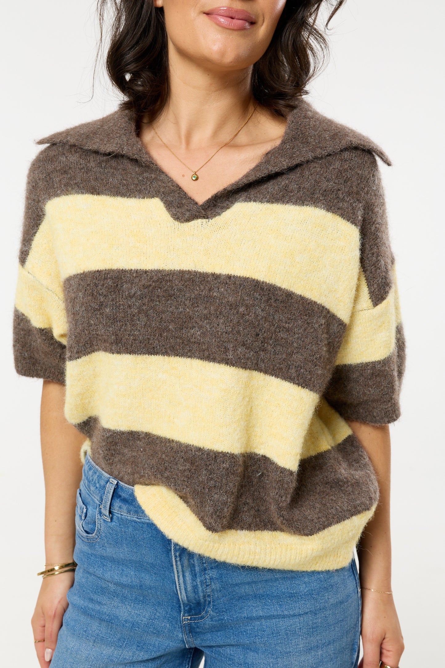 
                  
                    Brown And Light Yellow Stripe Wool Blend Knitted Polo Jumper
                  
                